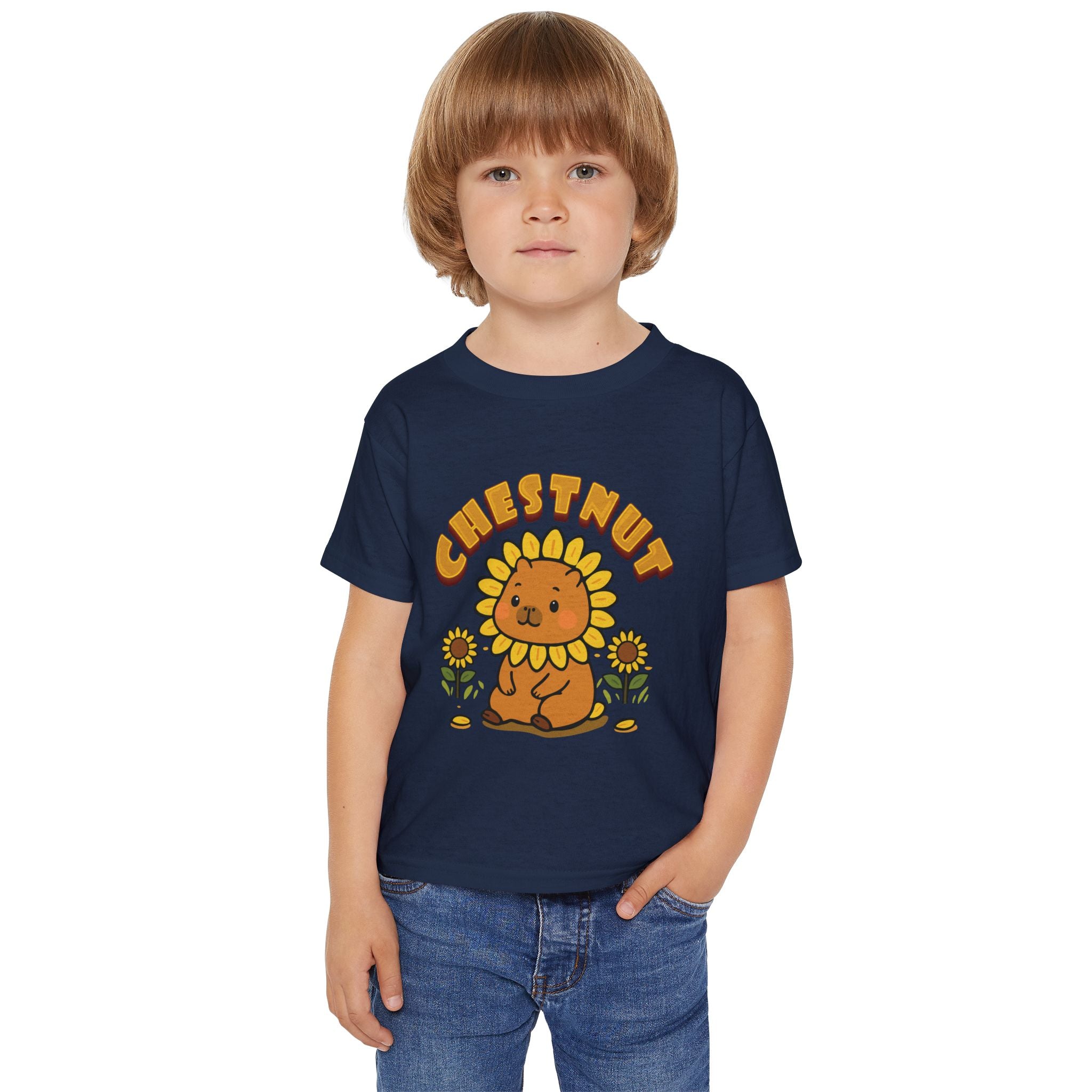 Chestnut the Sunflower Lover Capybara Cartoon T-Shirt, Cute Kawaii Animal Gift