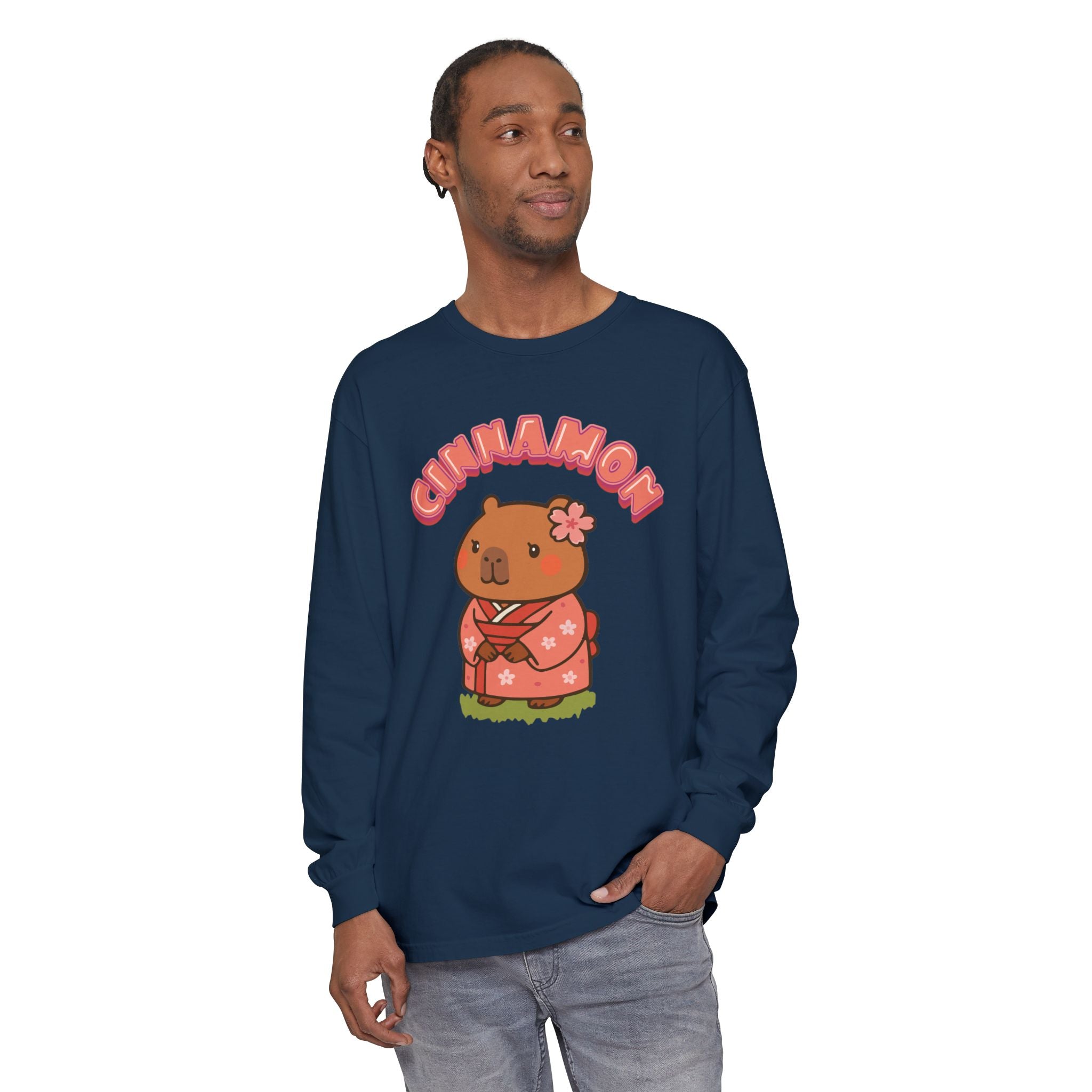 Cinnamon the Cherry Blossom Lover Capybara Cartoon long sleeve shirt, Cute Kawaii Animal Gift