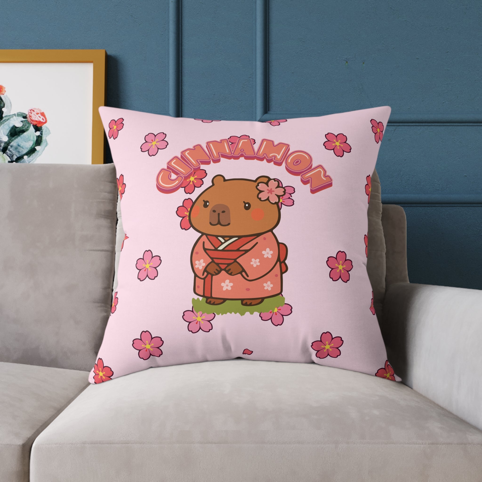 Cinnamon the Cherry Blossom Lover Capybara Cartoon Pillow, Cute Kawaii Animal Gift