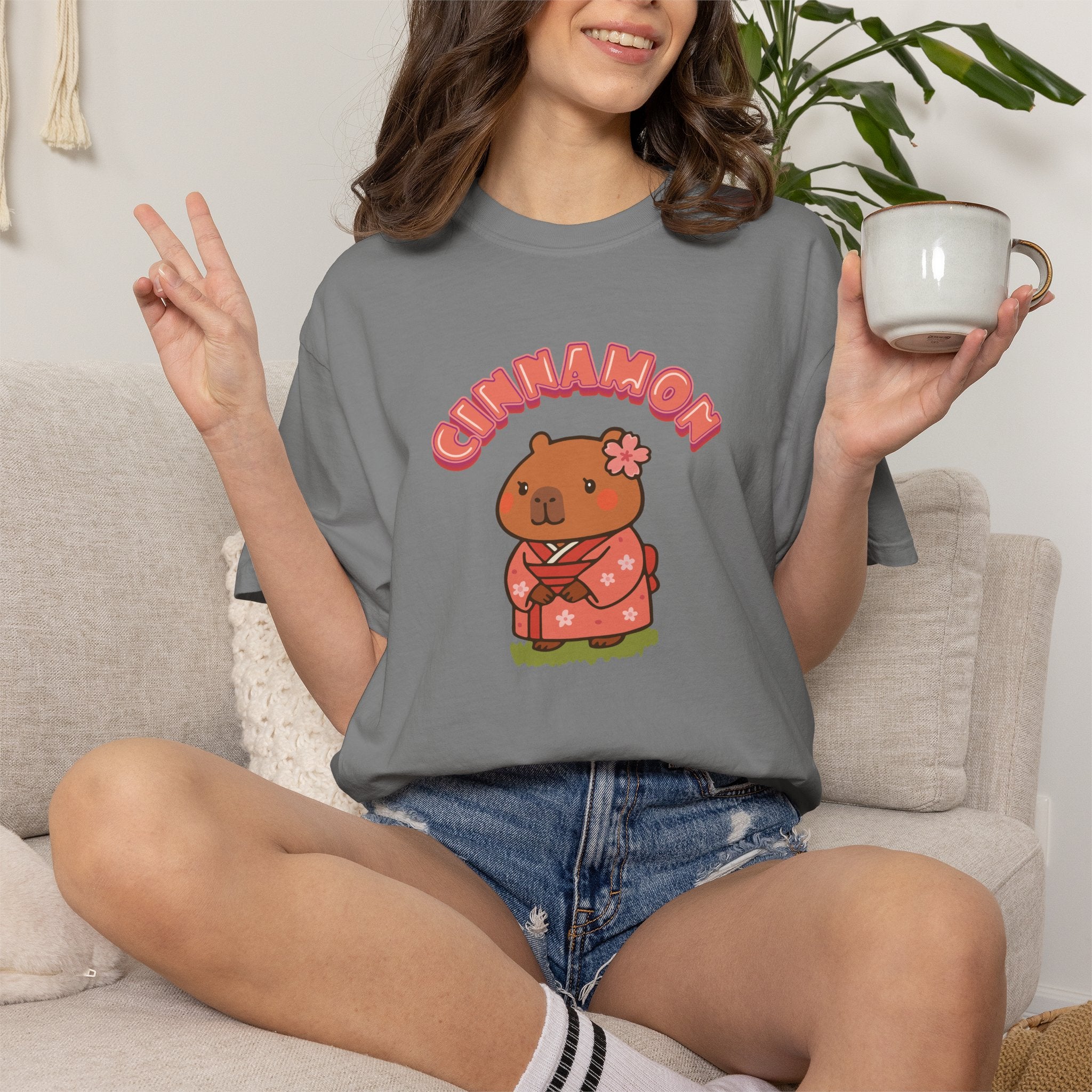 Cinnamon the Cherry Blossom Lover Capybara Cartoon T-Shirt, Cute Kawaii Animal Gift