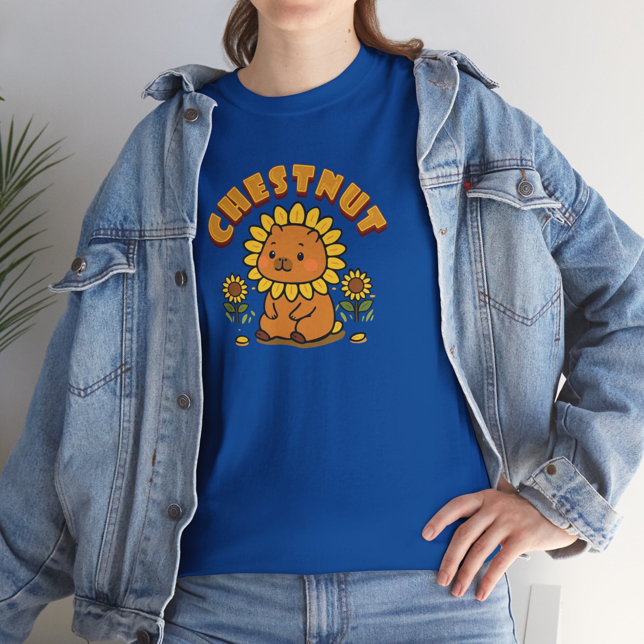 Chestnut the Sunflower Lover Capybara Cartoon T-Shirt, Cute Kawaii Animal Gift