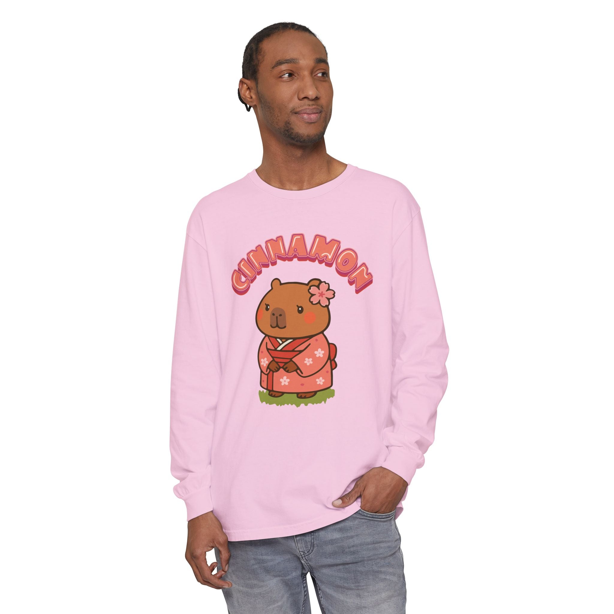 Cinnamon the Cherry Blossom Lover Capybara Cartoon long sleeve shirt, Cute Kawaii Animal Gift