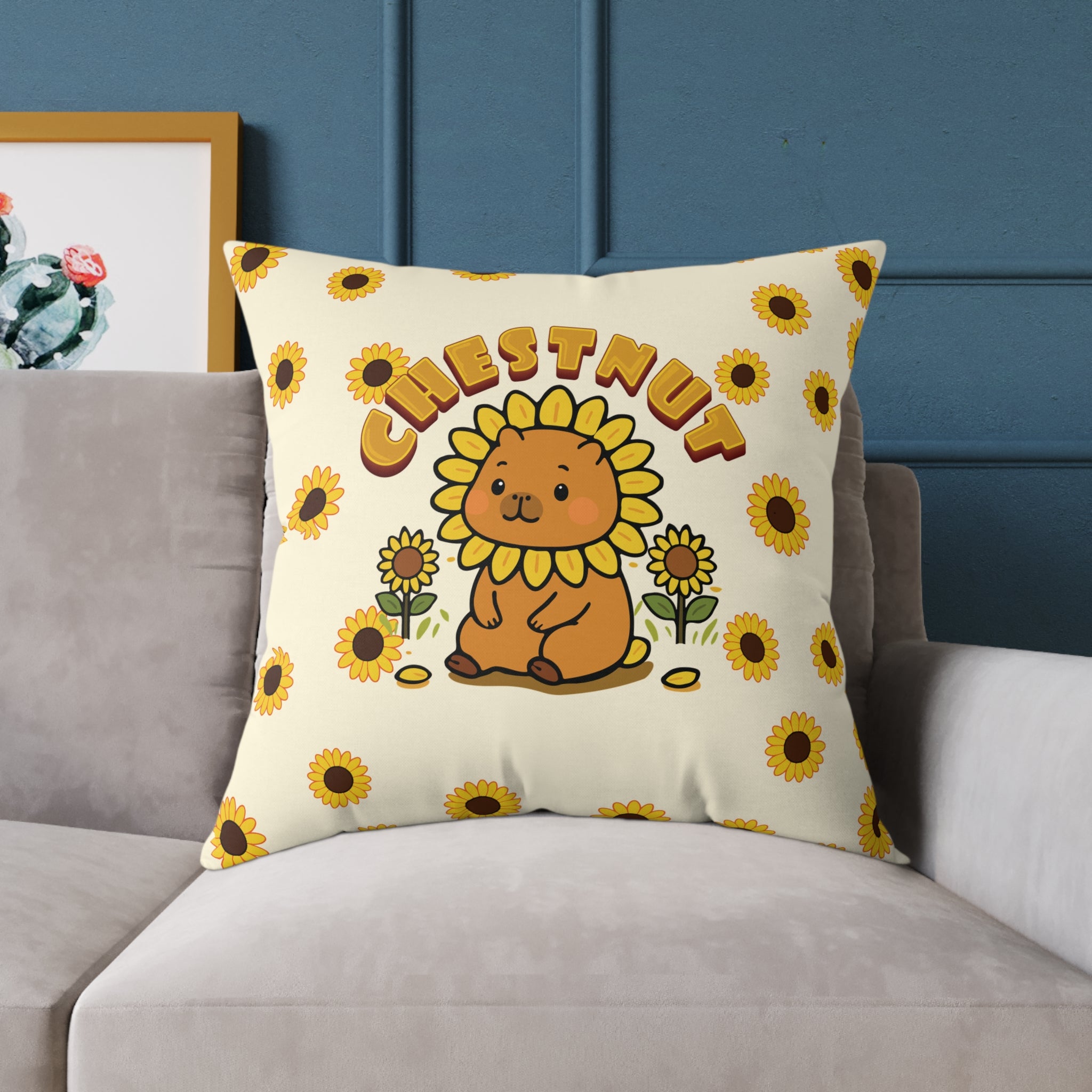 Chestnut the Sunflower Lover Capybara Cartoon Pillow, Cute Kawaii Animal Gift