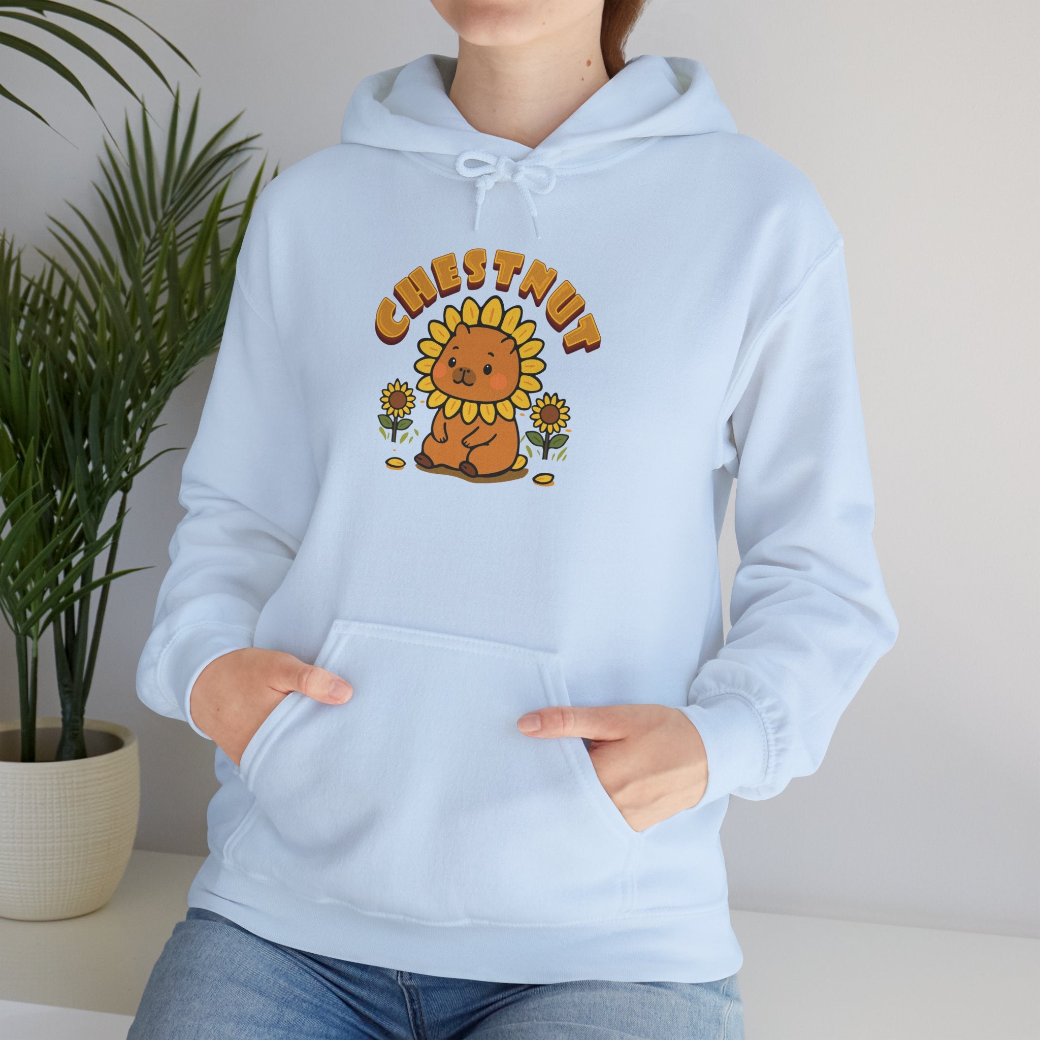 Chestnut the Sunflower Lover Capybara Cartoon Hoodie, Cute Kawaii Animal Gift