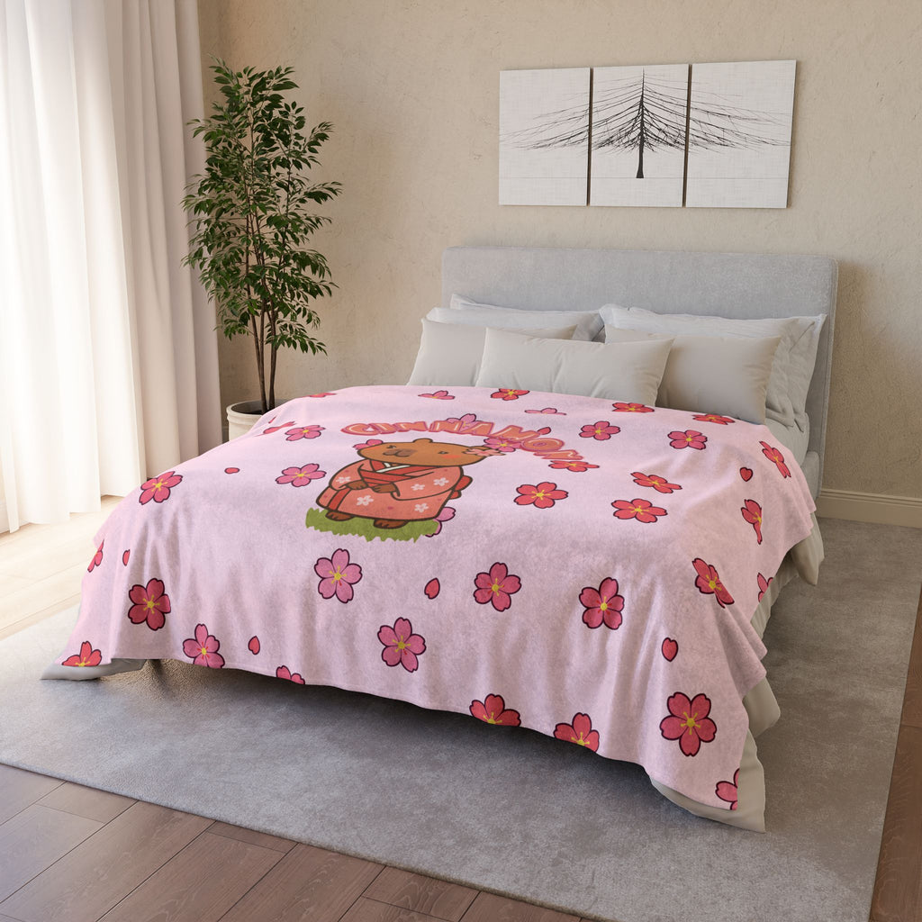 Cinnamon the Cherry Blossom Lover Capybara Cartoon Soft Blanket, Cute Kawaii Animal Gift