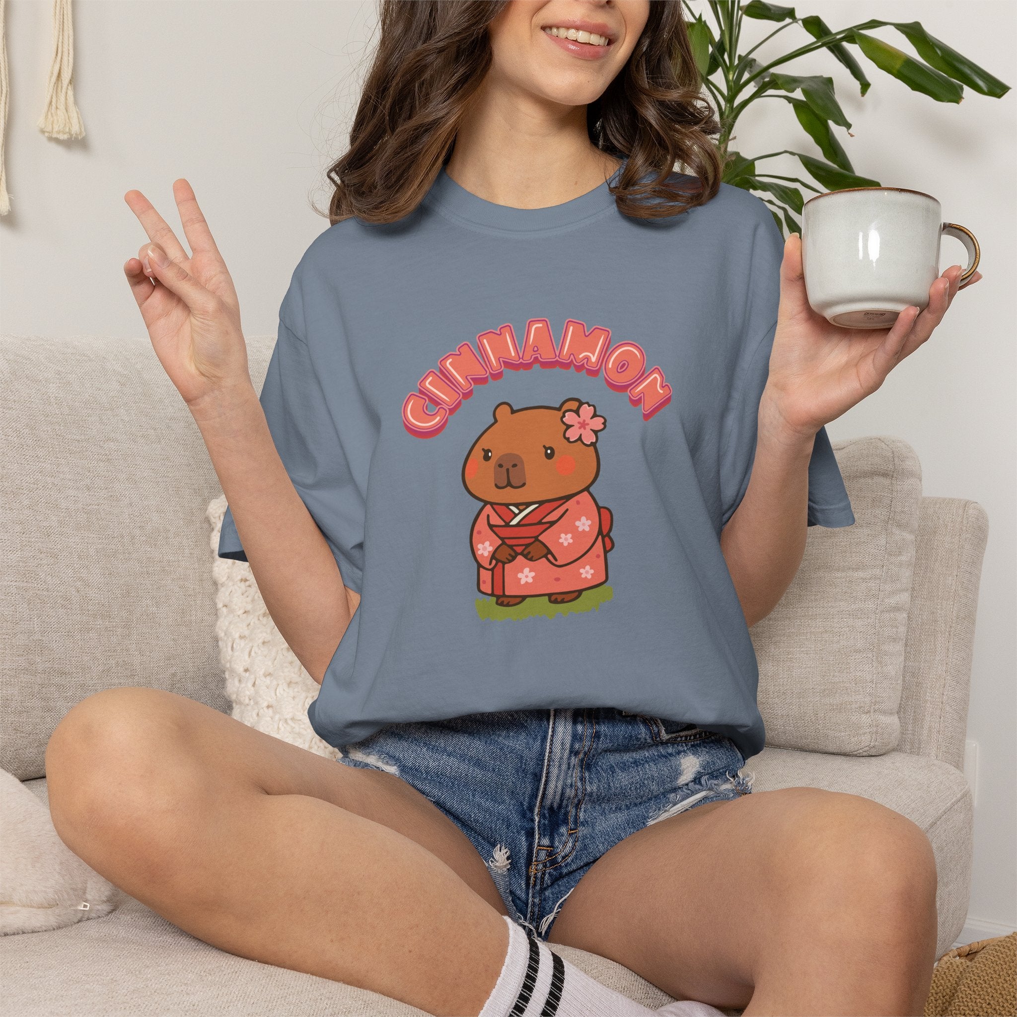 Cinnamon the Cherry Blossom Lover Capybara Cartoon T-Shirt, Cute Kawaii Animal Gift