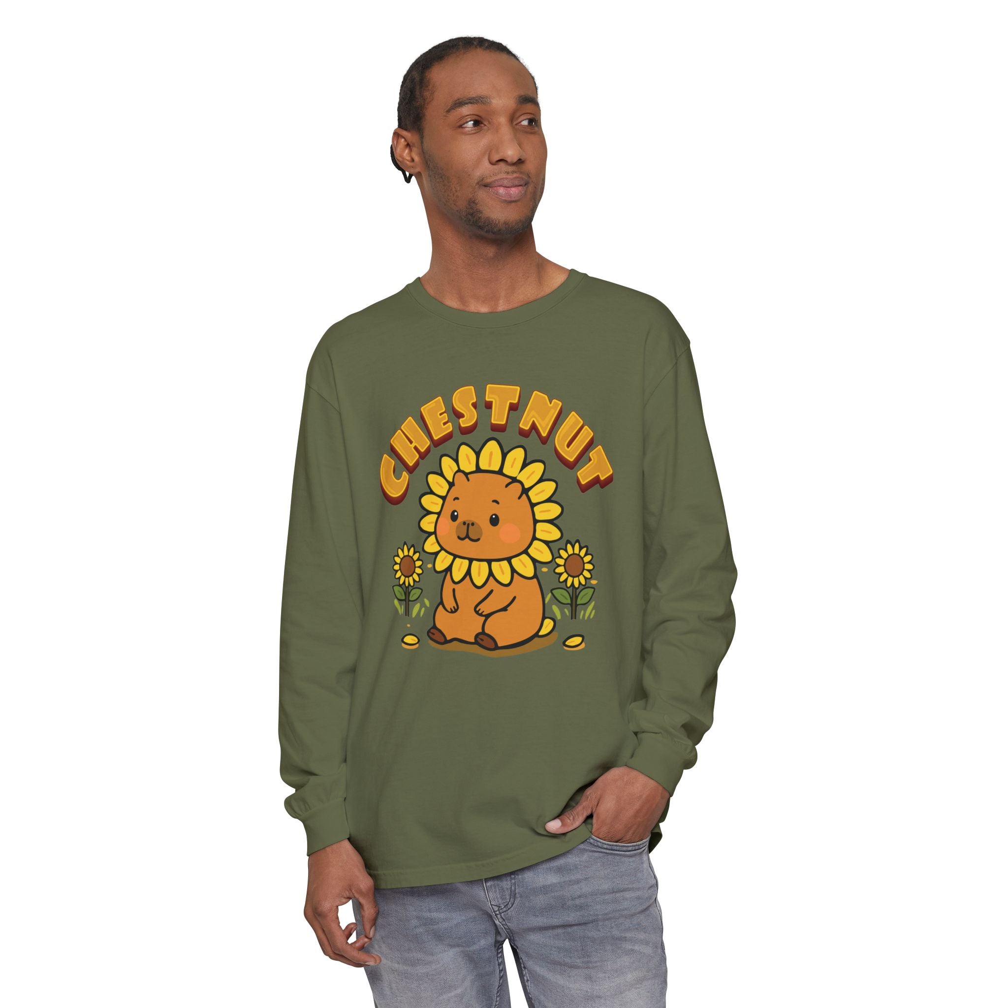 Chestnut the Sunflower Lover Capybara Cartoon long sleeve shirt, Cute Kawaii Animal Gift
