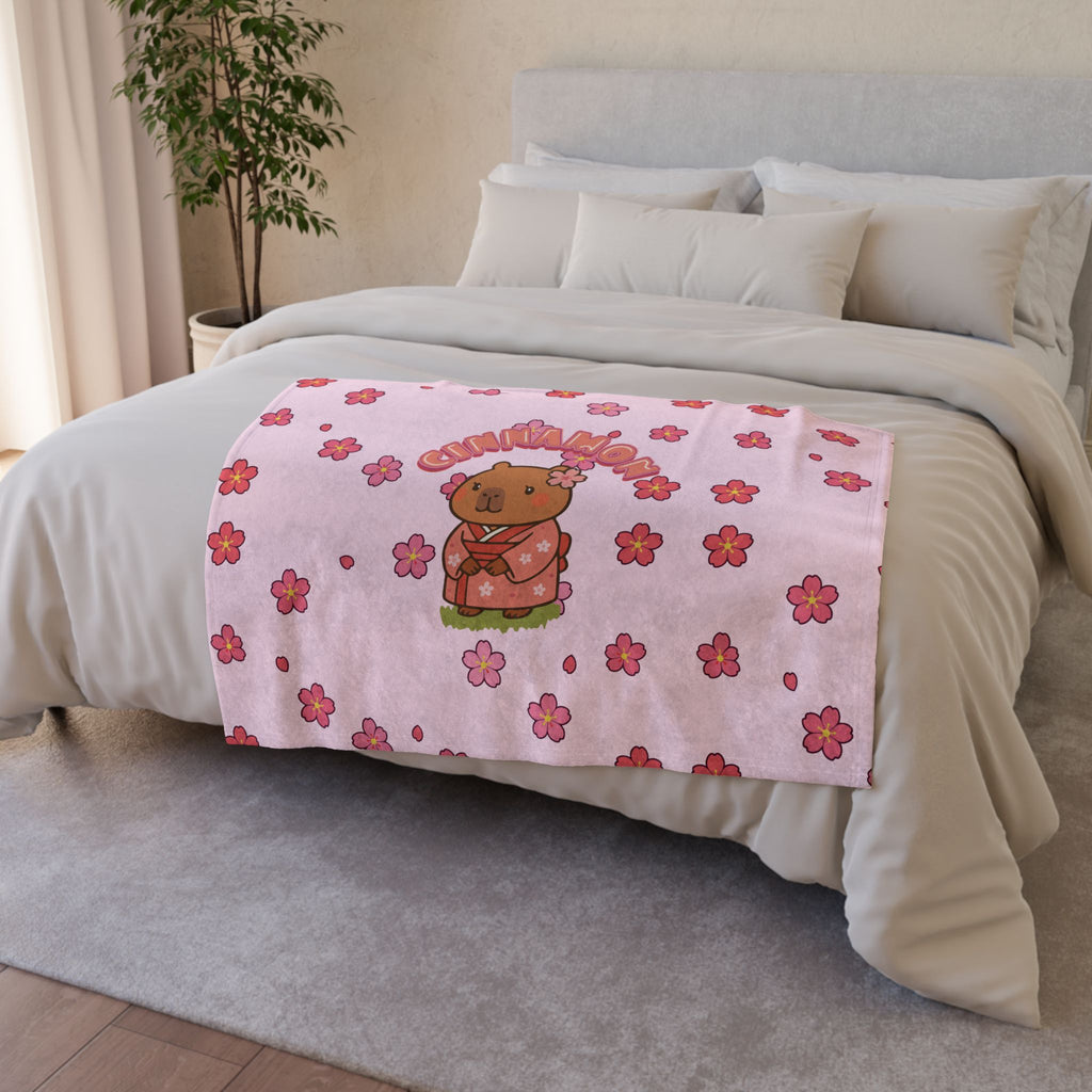 Cinnamon the Cherry Blossom Lover Capybara Cartoon Soft Blanket, Cute Kawaii Animal Gift