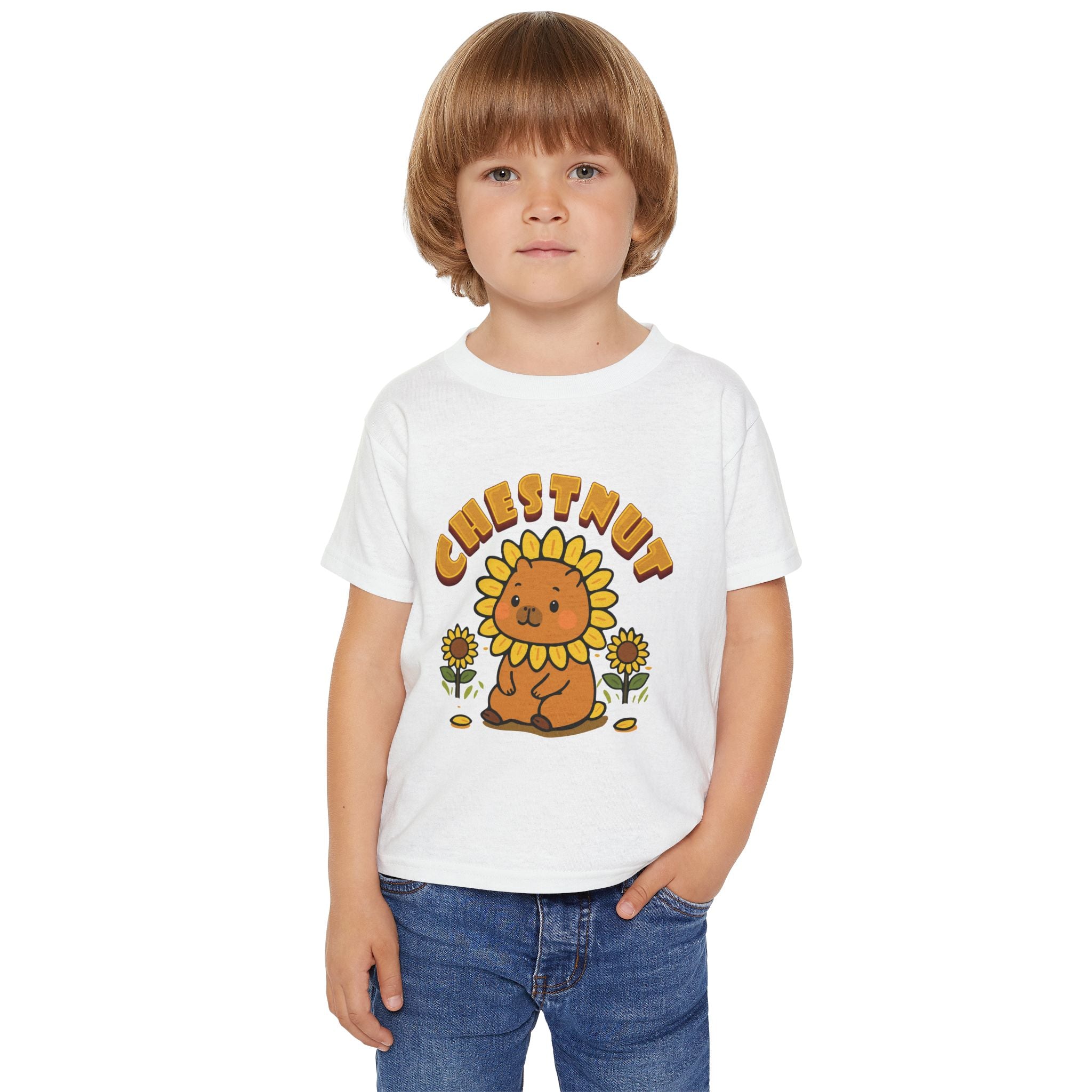 Chestnut the Sunflower Lover Capybara Cartoon T-Shirt, Cute Kawaii Animal Gift