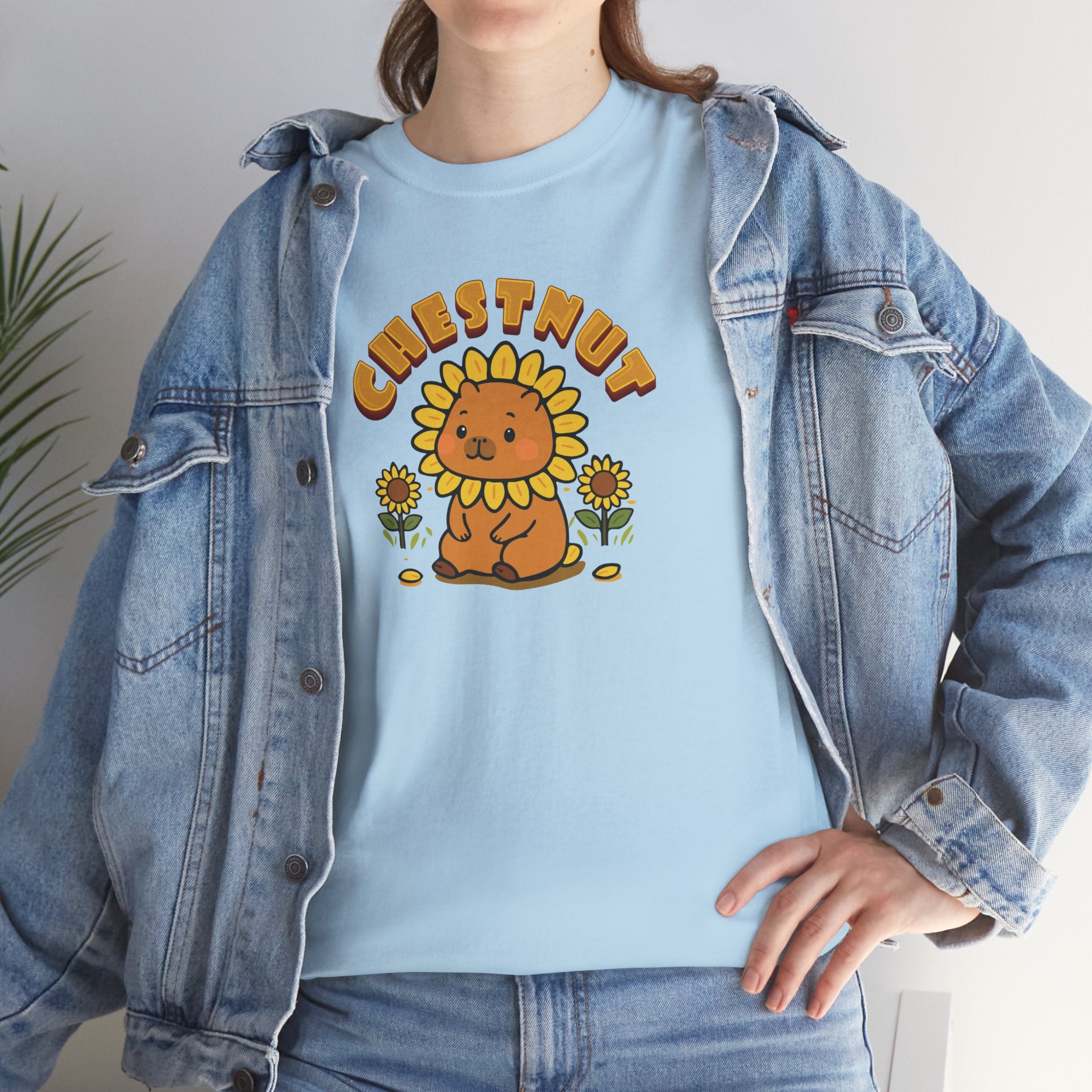 Chestnut the Sunflower Lover Capybara Cartoon T-Shirt, Cute Kawaii Animal Gift