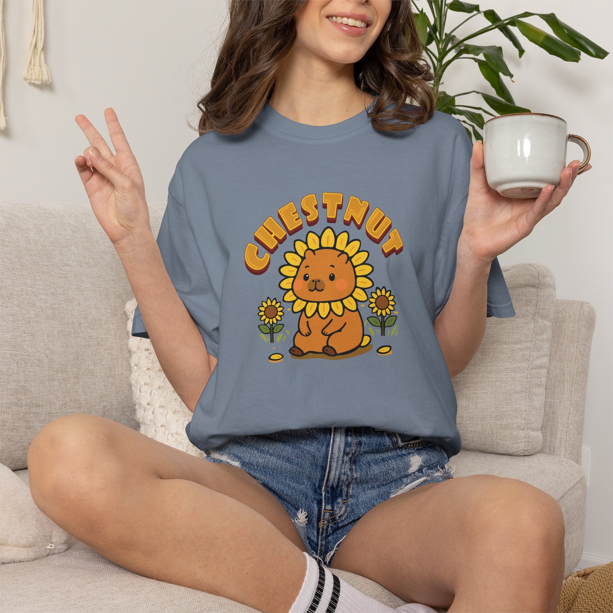 Chestnut the Sunflower Lover Capybara Cartoon T-Shirt, Cute Kawaii Animal Gift