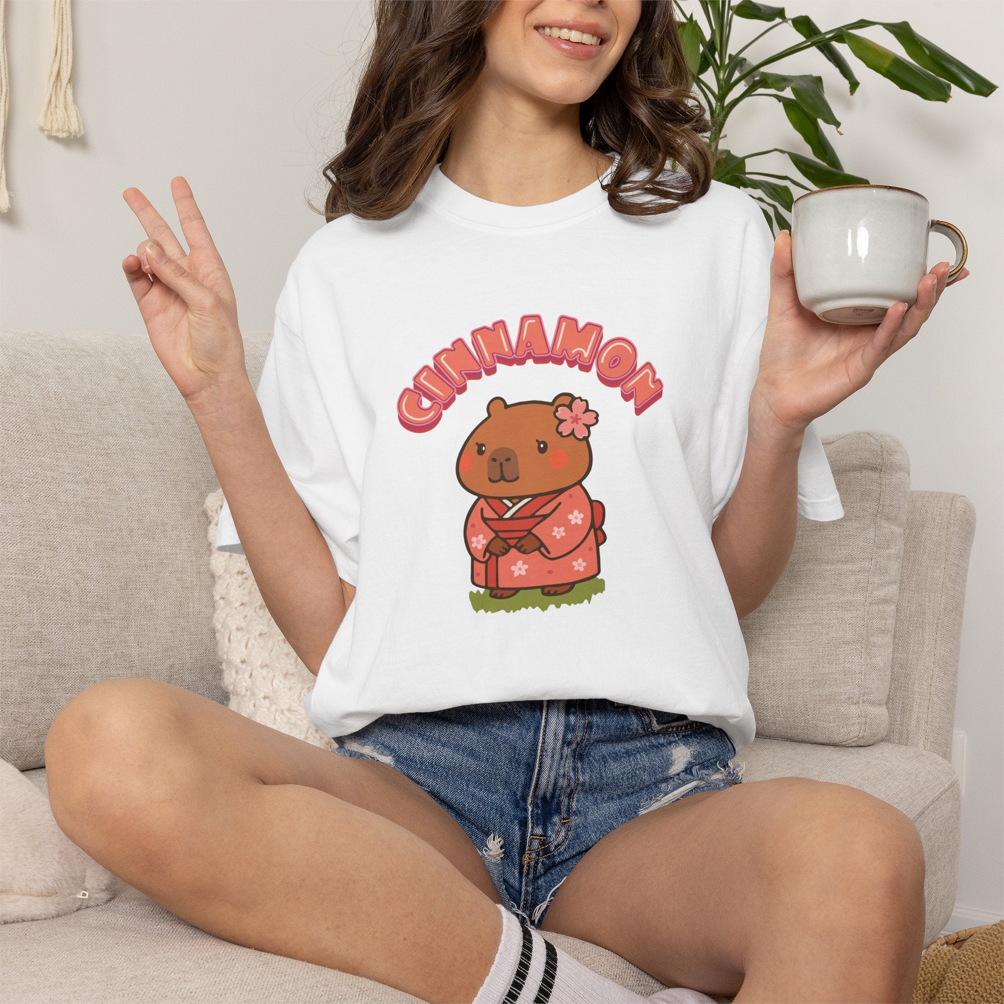 Cinnamon the Cherry Blossom Lover Capybara Cartoon T-Shirt, Cute Kawaii Animal Gift