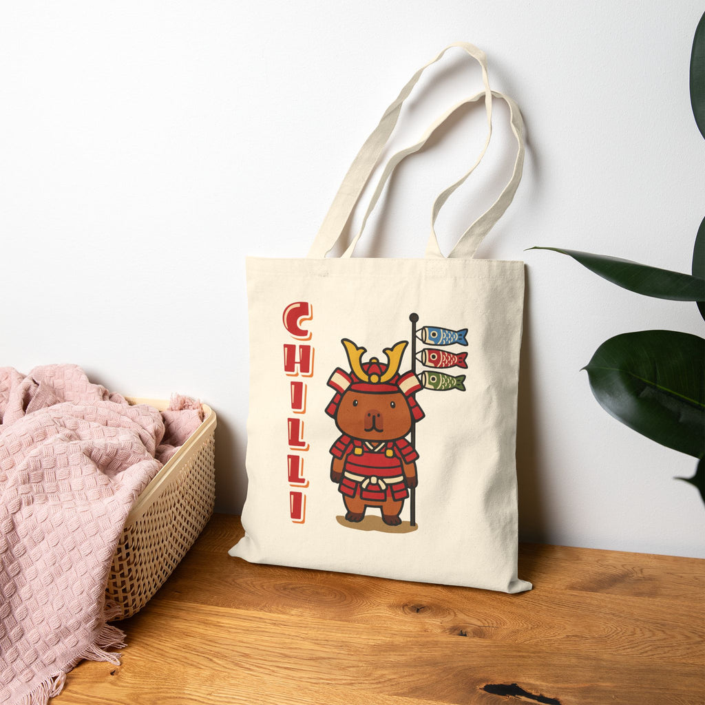 Chilli the Samurai Warrior Capybara Cartoon Tote Bag, Cute Kawaii Animal Gift