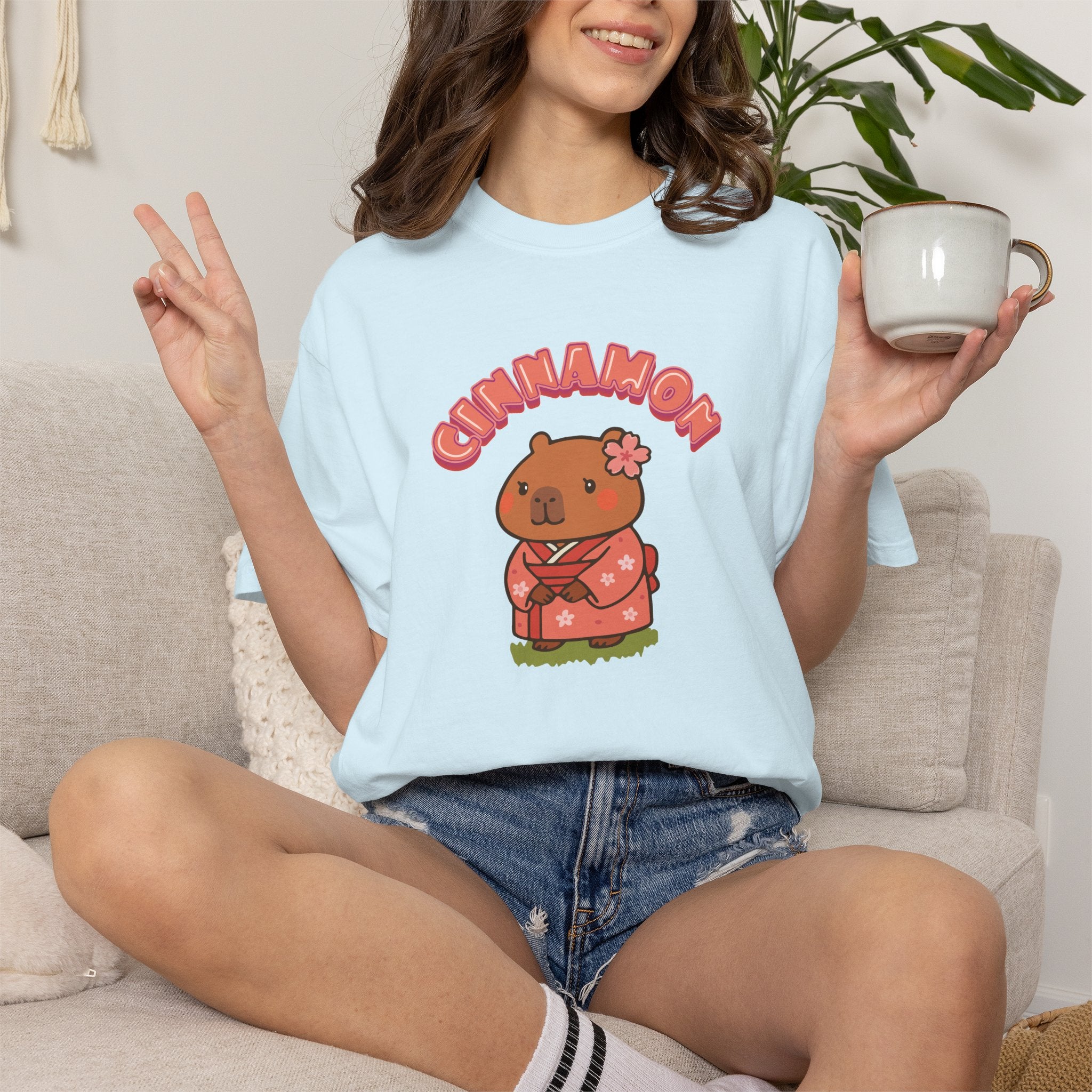 Cinnamon the Cherry Blossom Lover Capybara Cartoon T-Shirt, Cute Kawaii Animal Gift