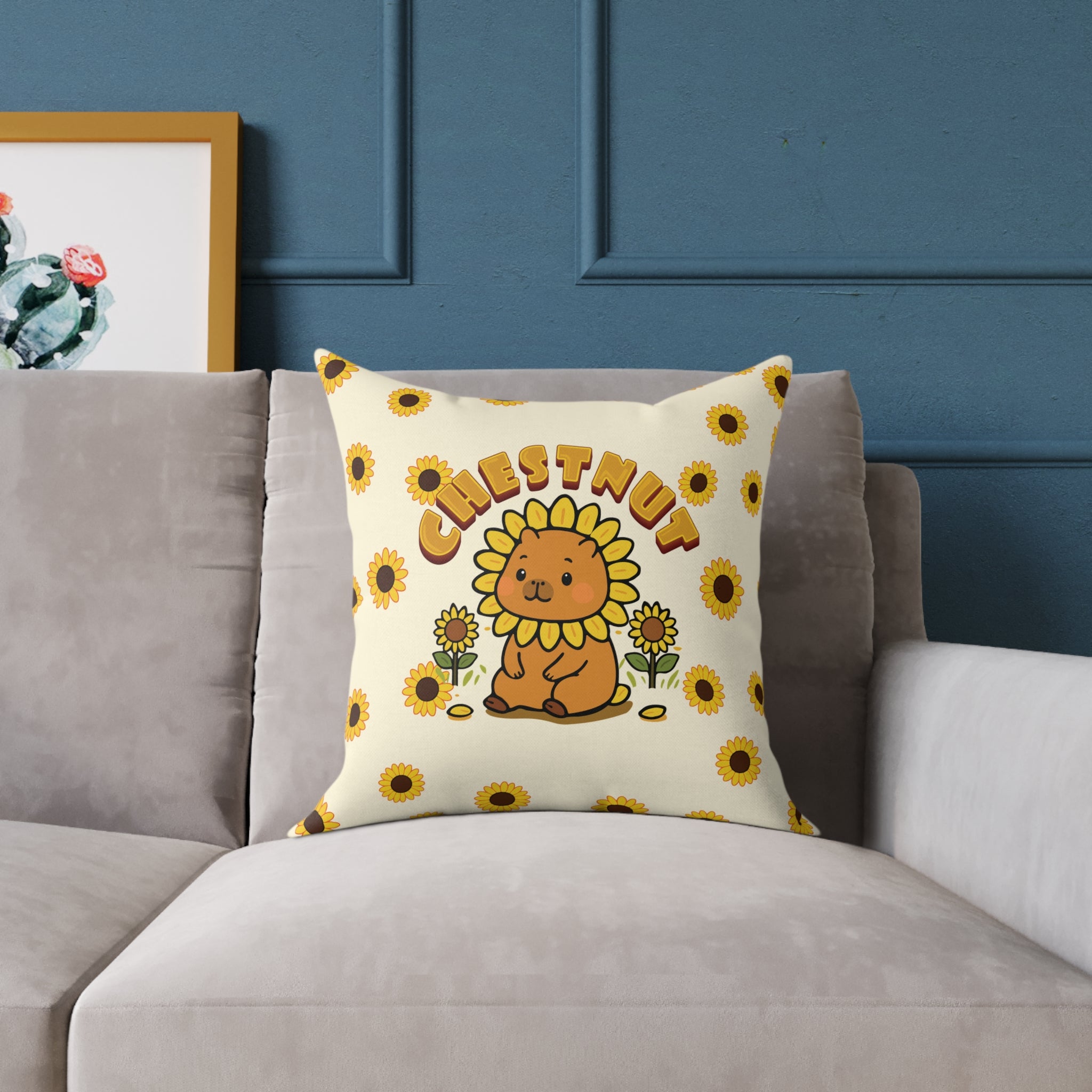 Chestnut the Sunflower Lover Capybara Cartoon Pillow, Cute Kawaii Animal Gift