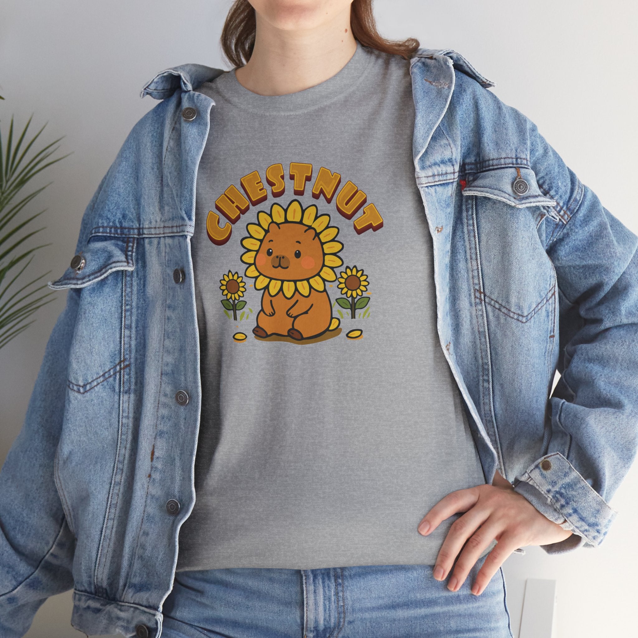 Chestnut the Sunflower Lover Capybara Cartoon T-Shirt, Cute Kawaii Animal Gift