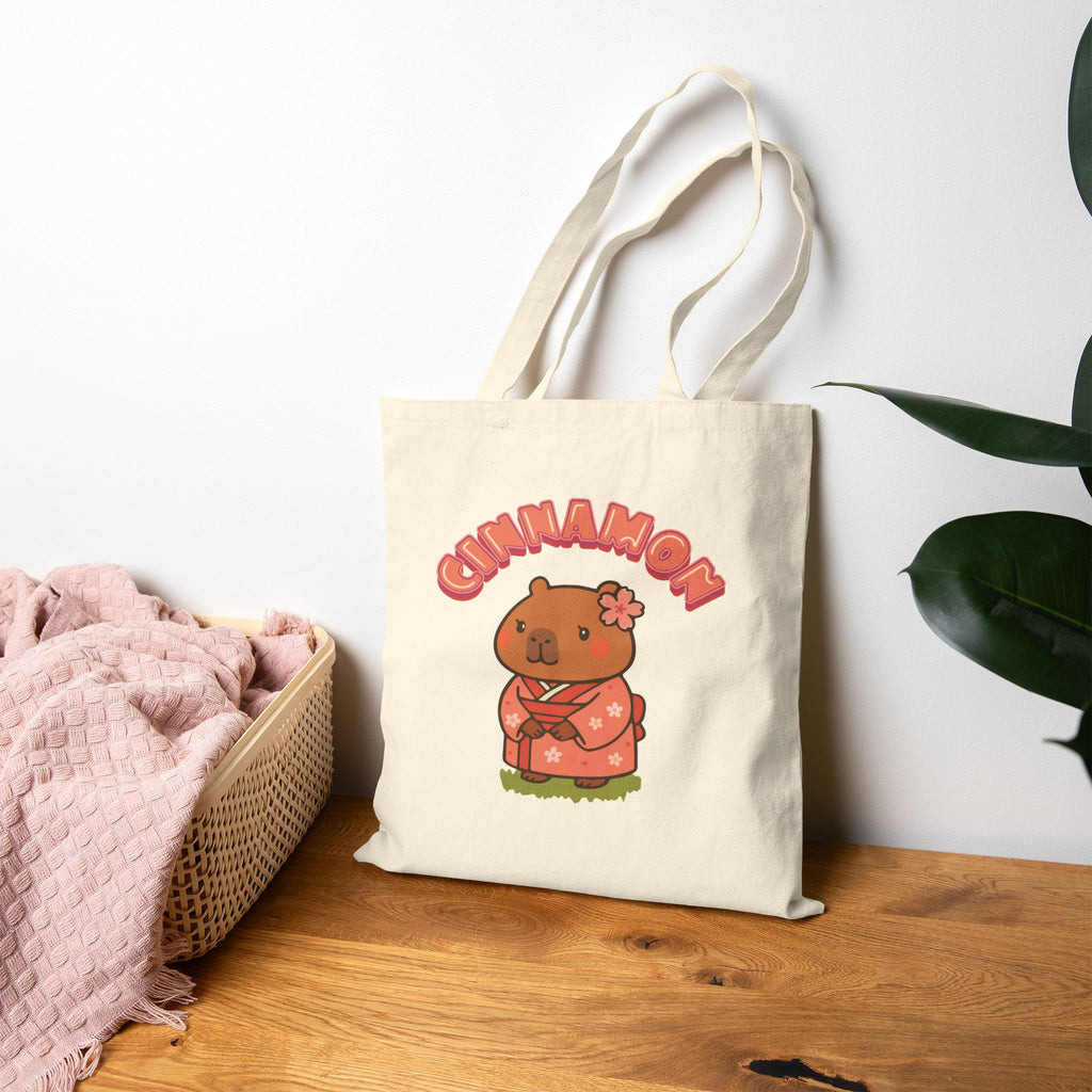 Cinnamon the Cherry Blossom Lover Capybara Cartoon Tote Bag, Cute Kawaii Animal Gift