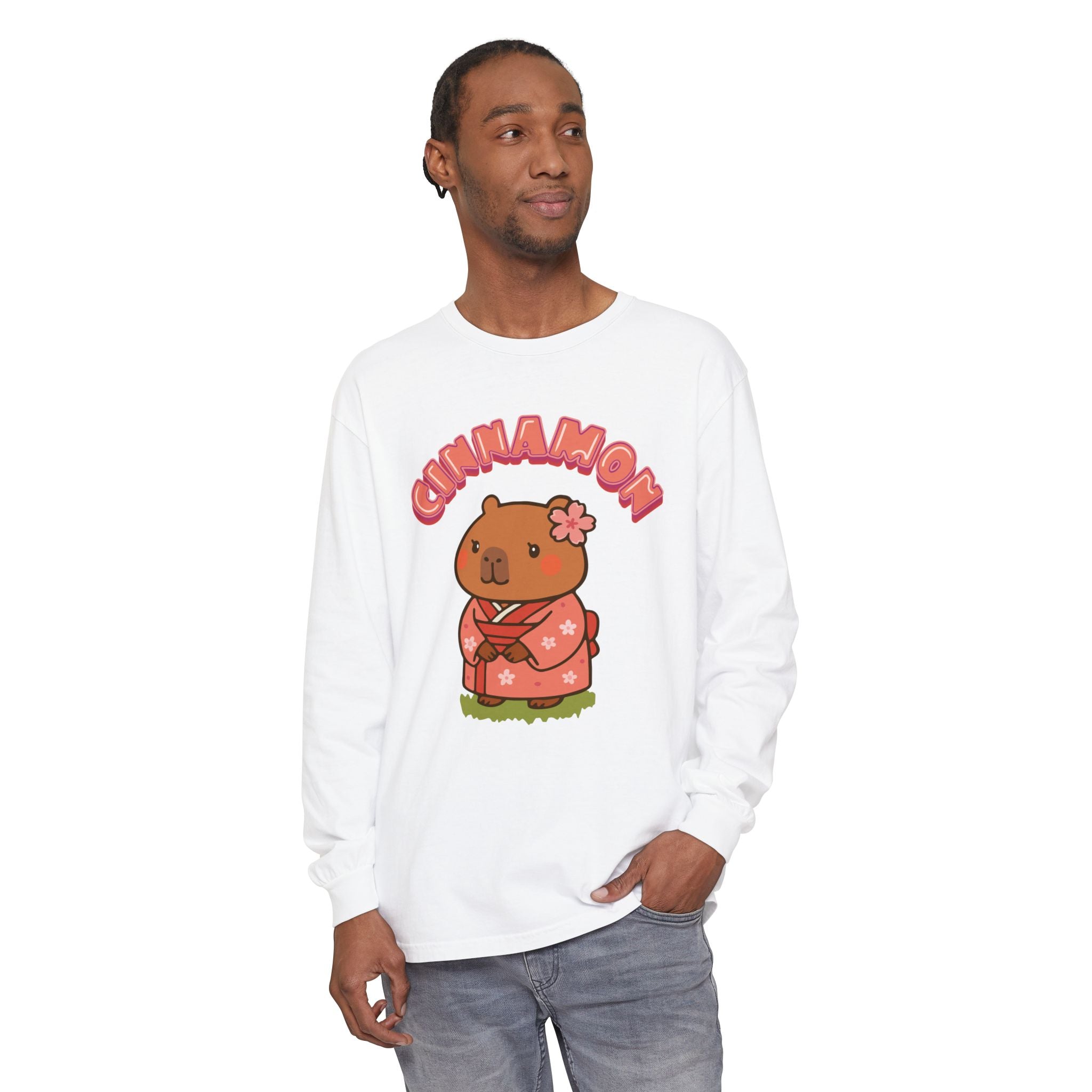 Cinnamon the Cherry Blossom Lover Capybara Cartoon long sleeve shirt, Cute Kawaii Animal Gift
