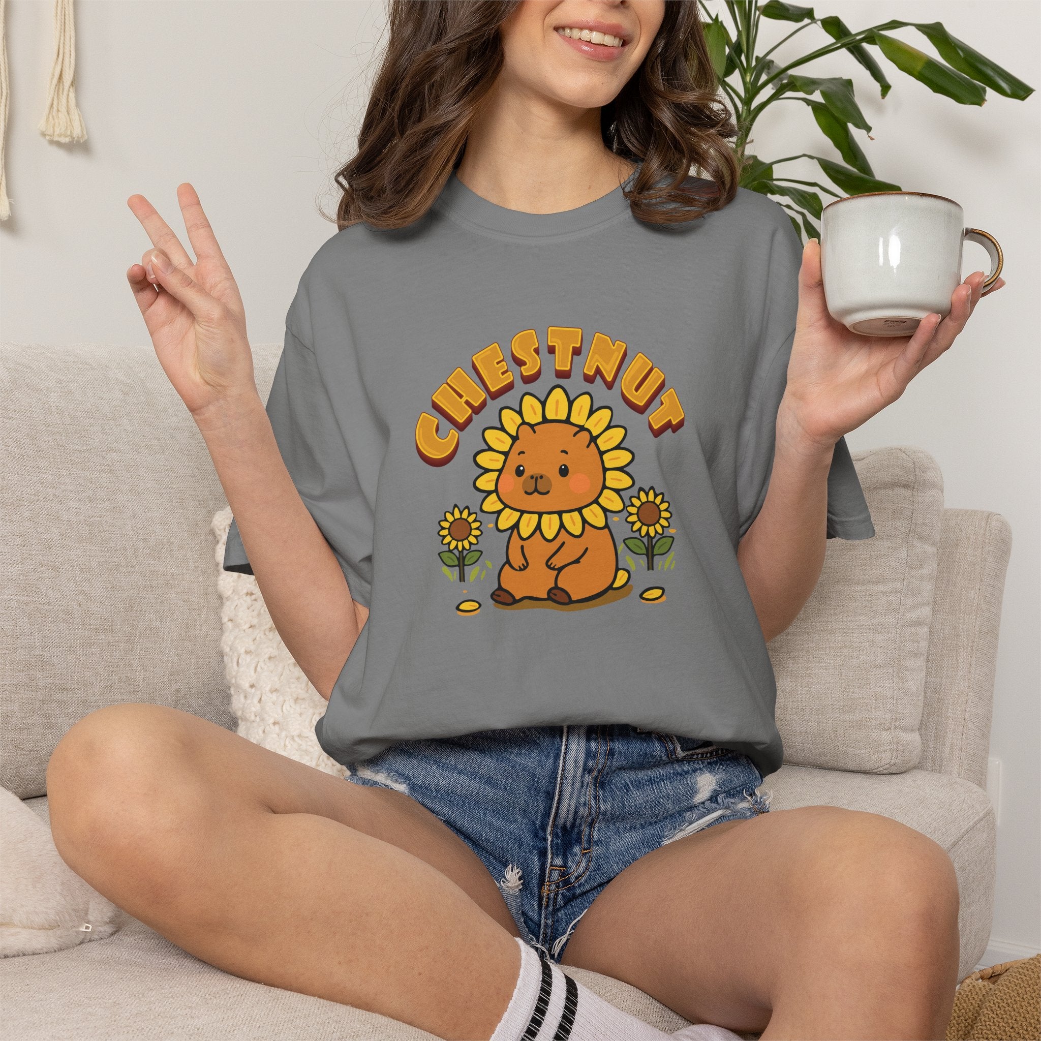Chestnut the Sunflower Lover Capybara Cartoon T-Shirt, Cute Kawaii Animal Gift