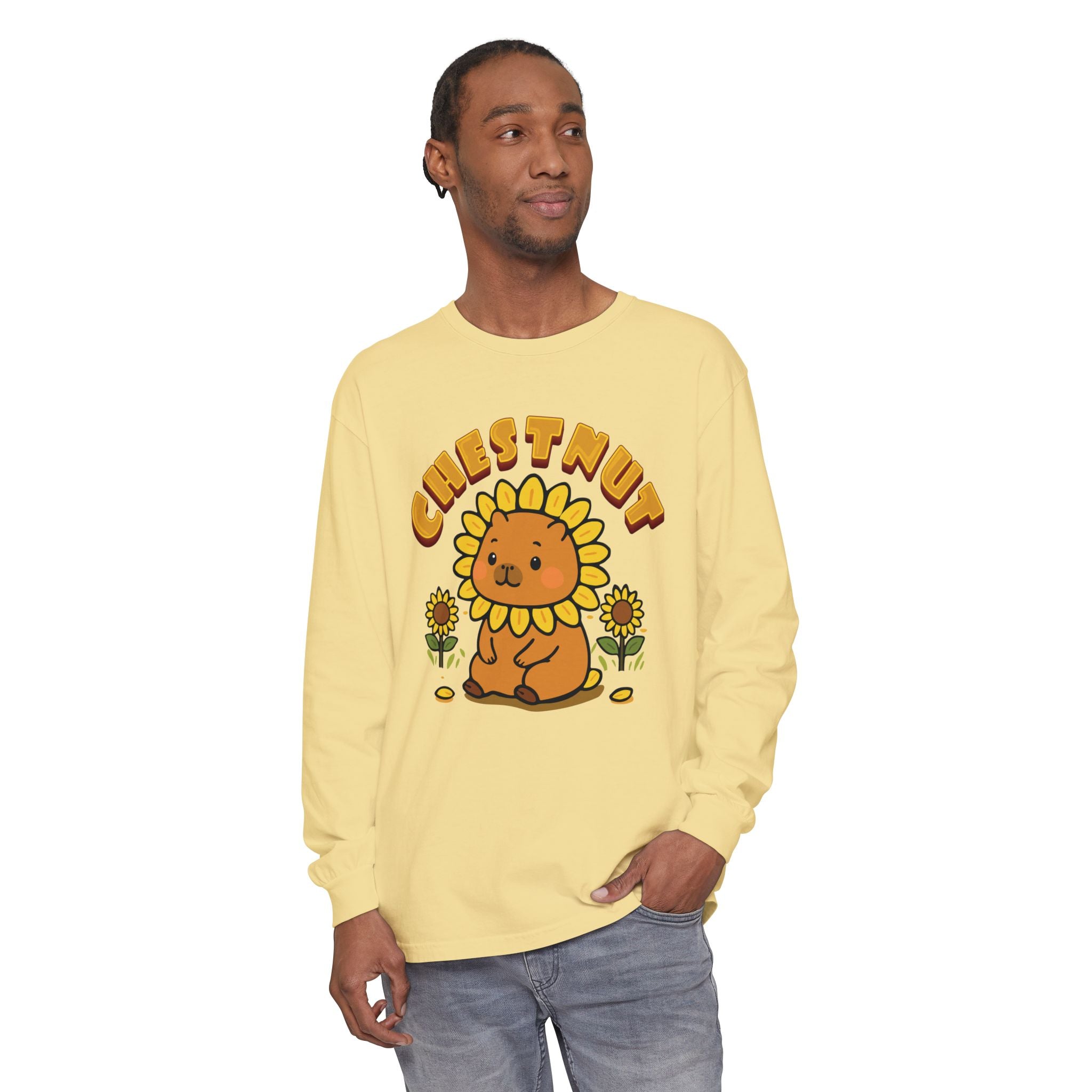 Chestnut the Sunflower Lover Capybara Cartoon long sleeve shirt, Cute Kawaii Animal Gift