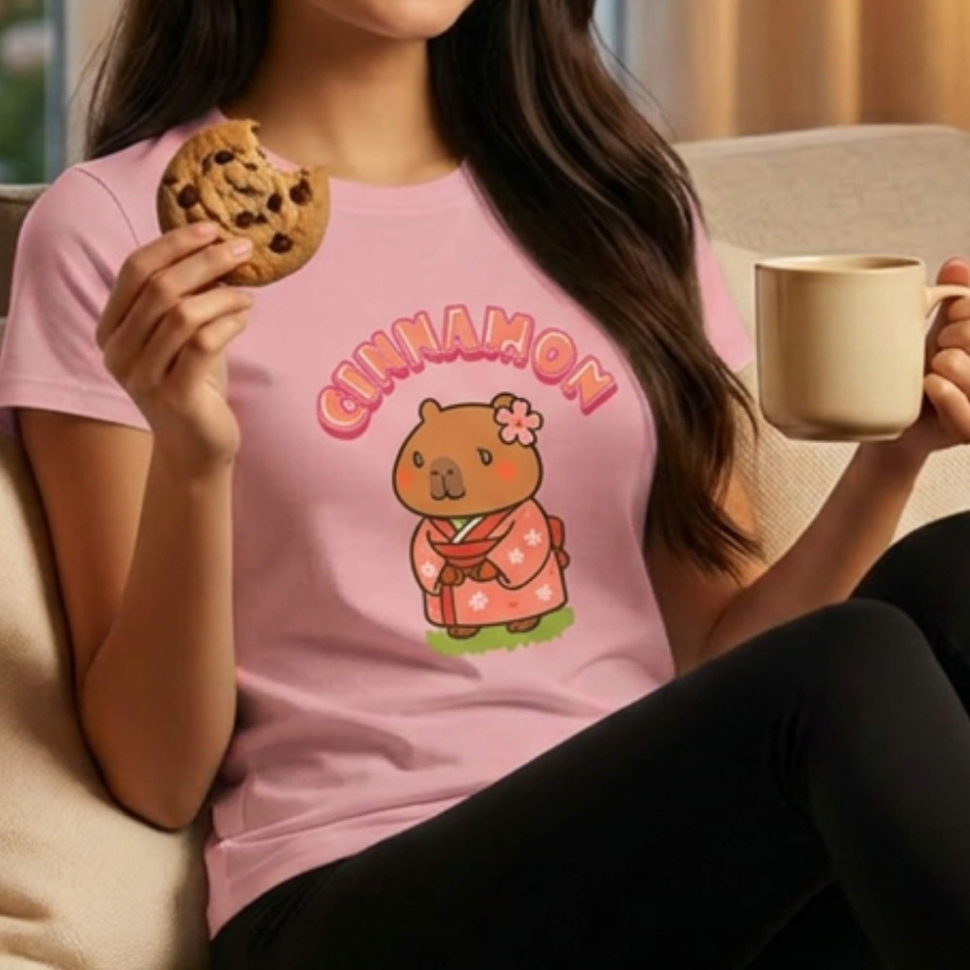 Cinnamon the Cherry Blossom Lover Capybara Cartoon T-Shirt, Cute Kawaii Animal Gift