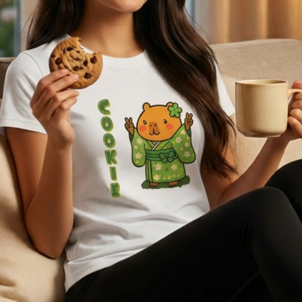 Cookie the Fun Lover Capybara Cartoon T-Shirt, Cute Kawaii Animal Gift for Adults