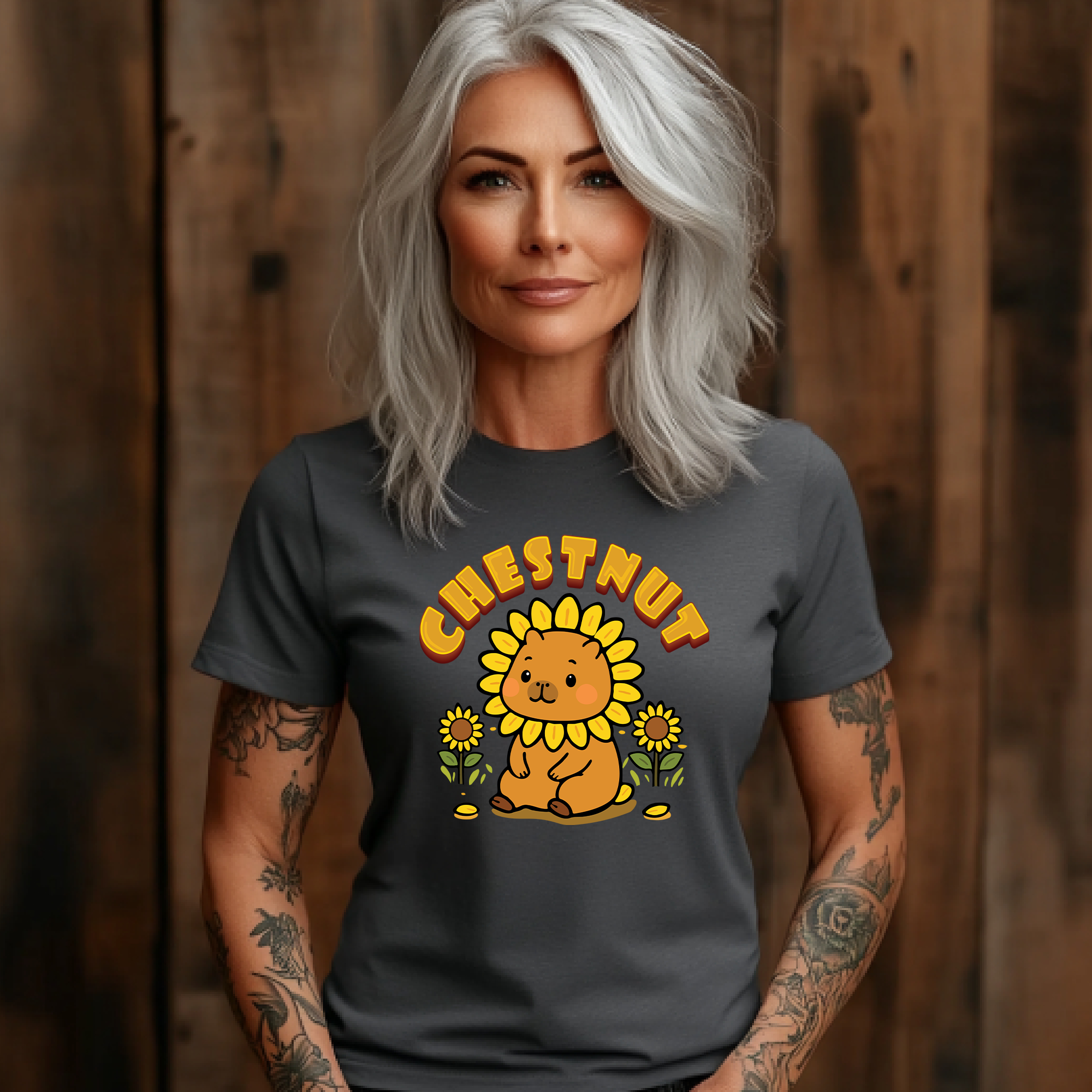 Chestnut the Sunflower Lover Capybara Cartoon T-Shirt, Cute Kawaii Animal Gift