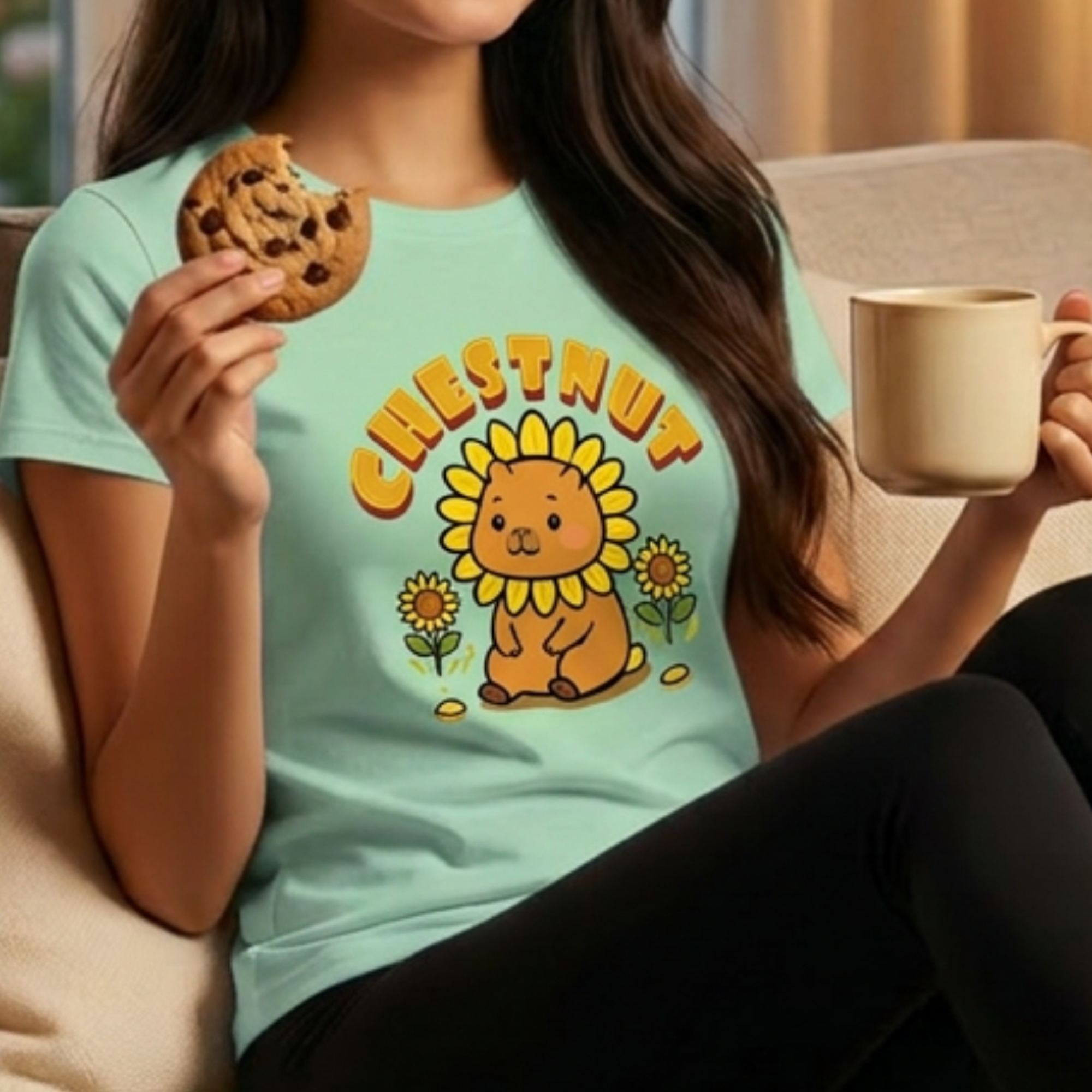 Chestnut the Sunflower Lover Capybara Cartoon T-Shirt, Cute Kawaii Animal Gift