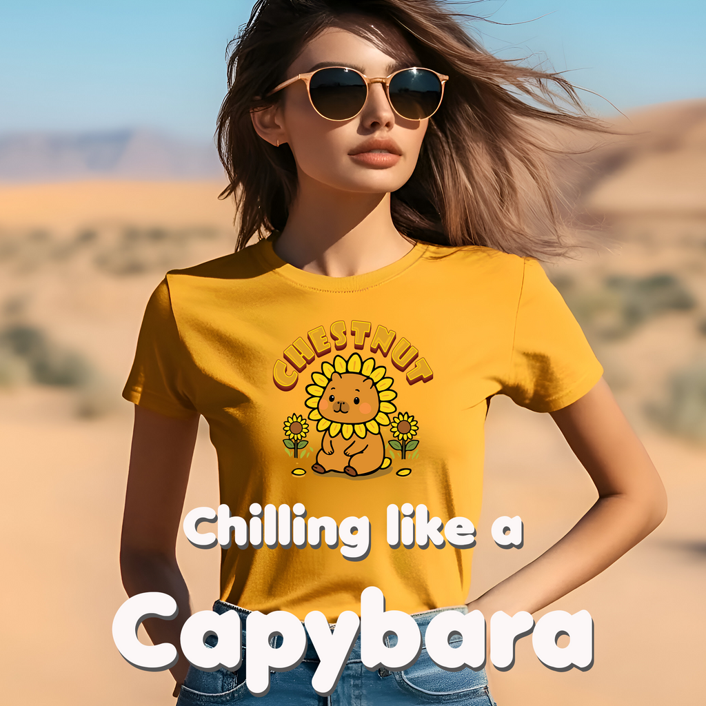 Chestnut the Sunflower Lover Capybara Cartoon T-Shirt, Cute Kawaii Animal Gift