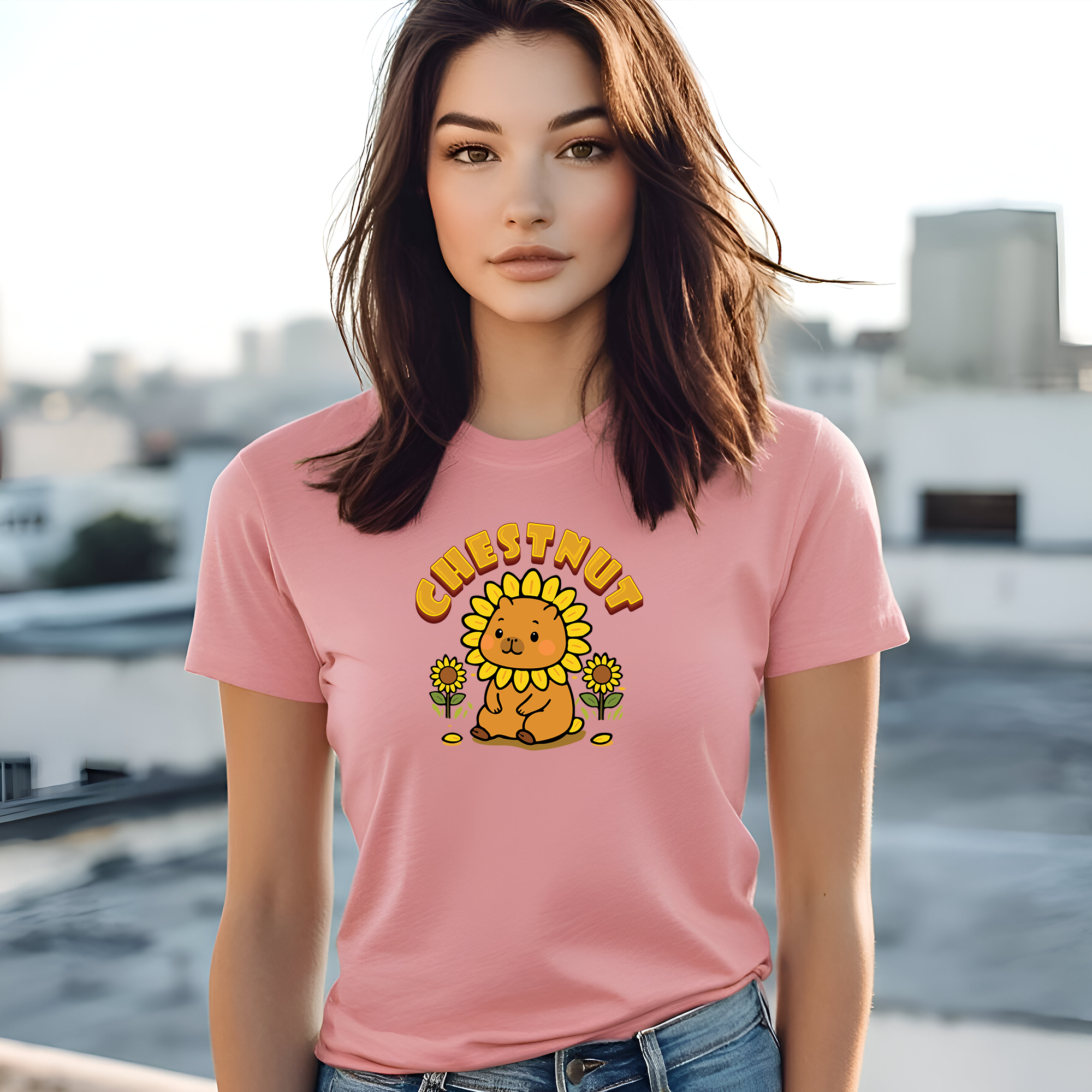 Chestnut the Sunflower Lover Capybara Cartoon T-Shirt, Cute Kawaii Animal Gift