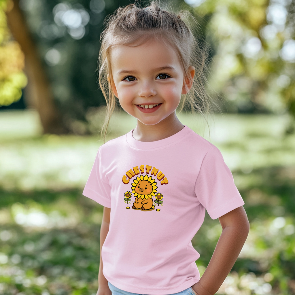 Chestnut the Sunflower Lover Capybara Cartoon T-Shirt, Cute Kawaii Animal Gift