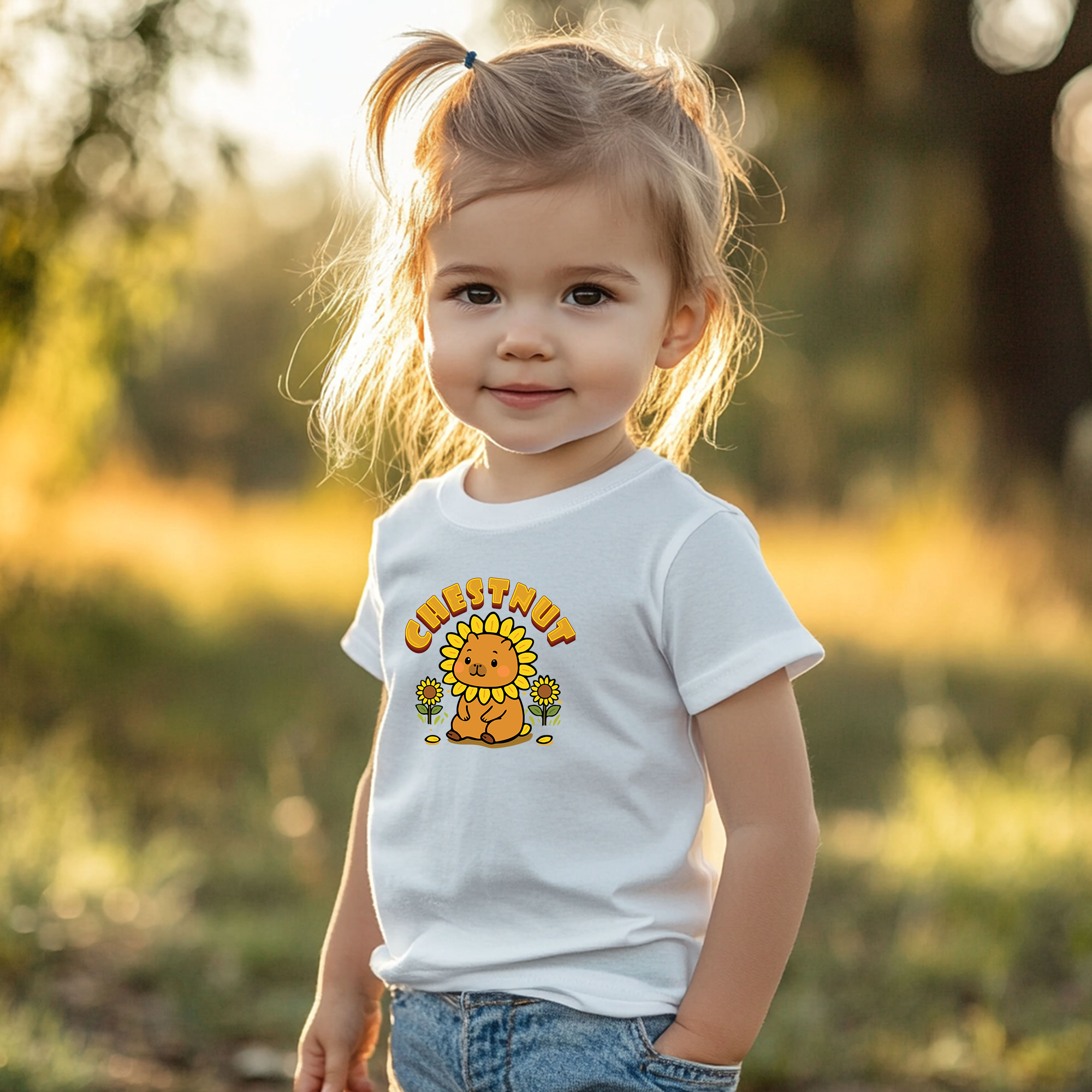 Chestnut the Sunflower Lover Capybara Cartoon T-Shirt, Cute Kawaii Animal Gift