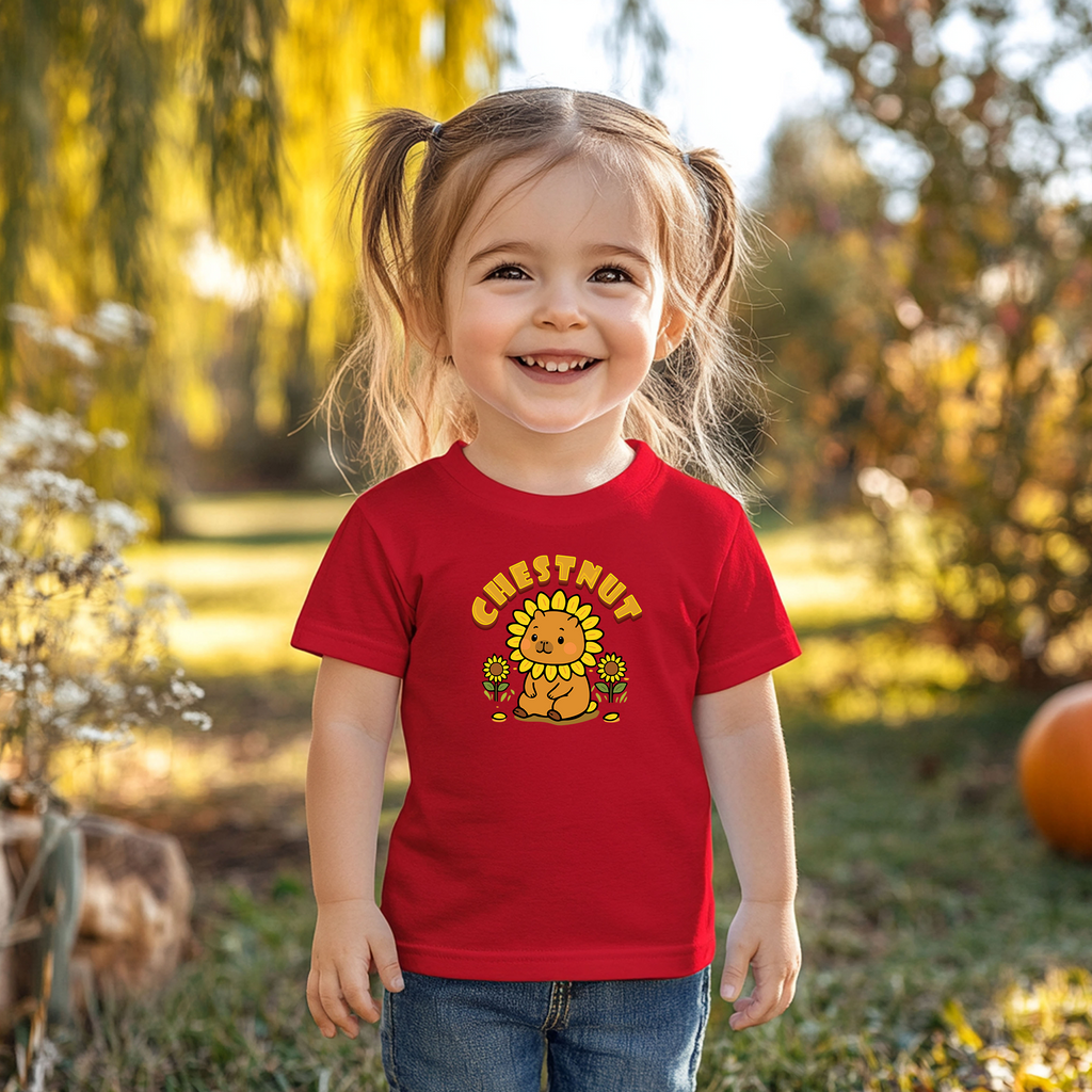 Chestnut the Sunflower Lover Capybara Cartoon T-Shirt, Cute Kawaii Animal Gift