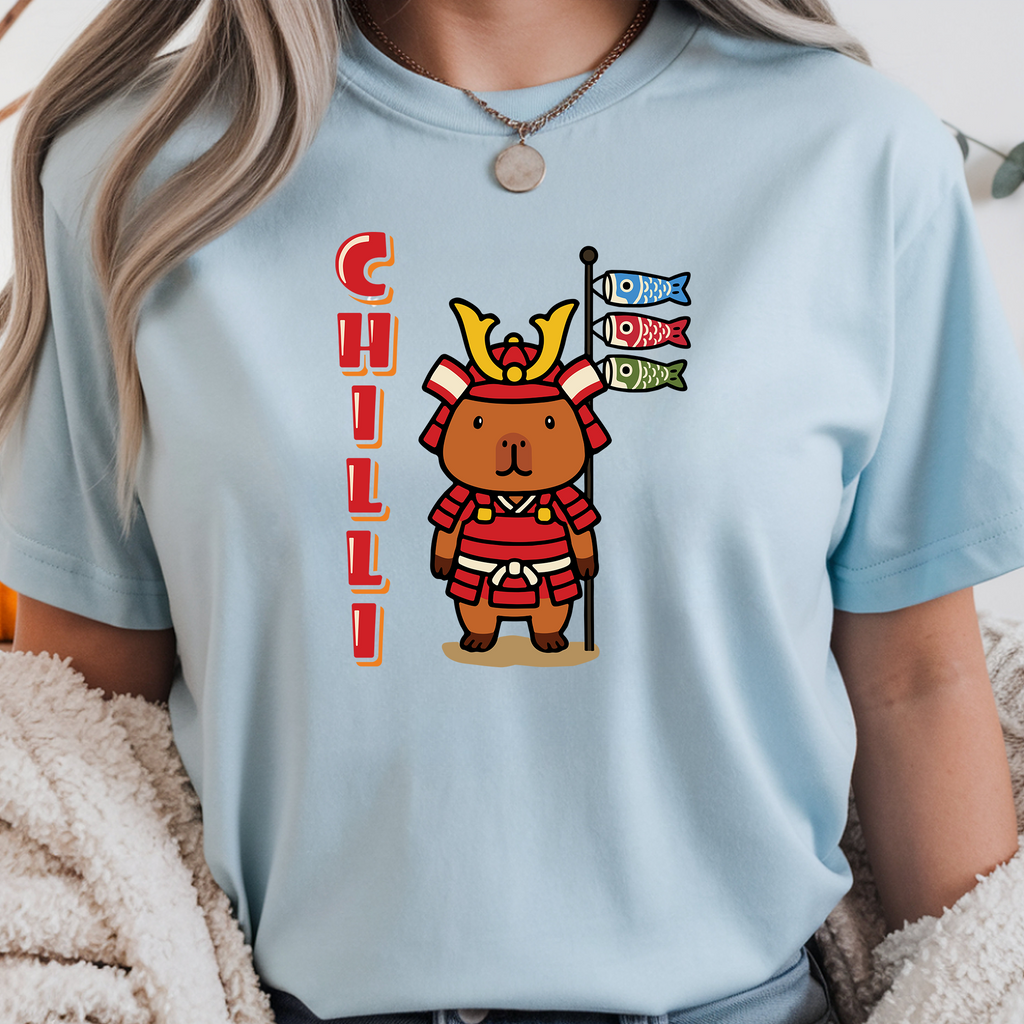 Chilli the Samurai Warrior Capybara Cartoon T-Shirt, Cute Kawaii Animal Gift