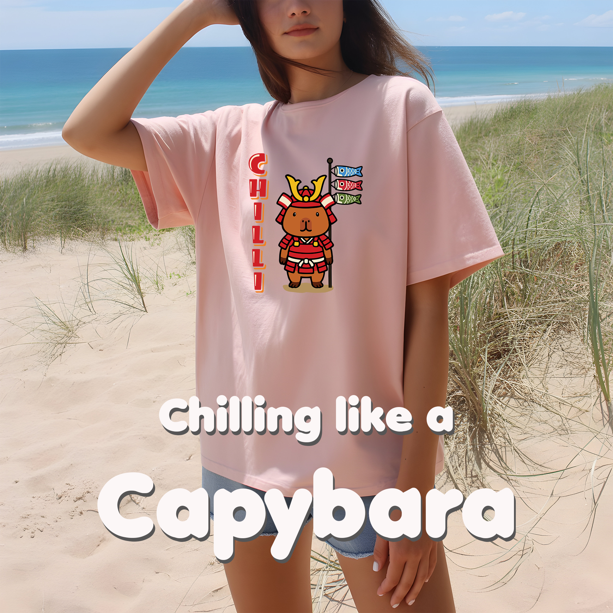 Chilli the Samurai Warrior Capybara Cartoon T-Shirt, Cute Kawaii Animal Gift