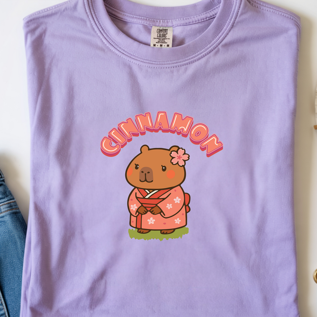 Cinnamon the Cherry Blossom Lover Capybara Cartoon T-Shirt, Cute Kawaii Animal Gift