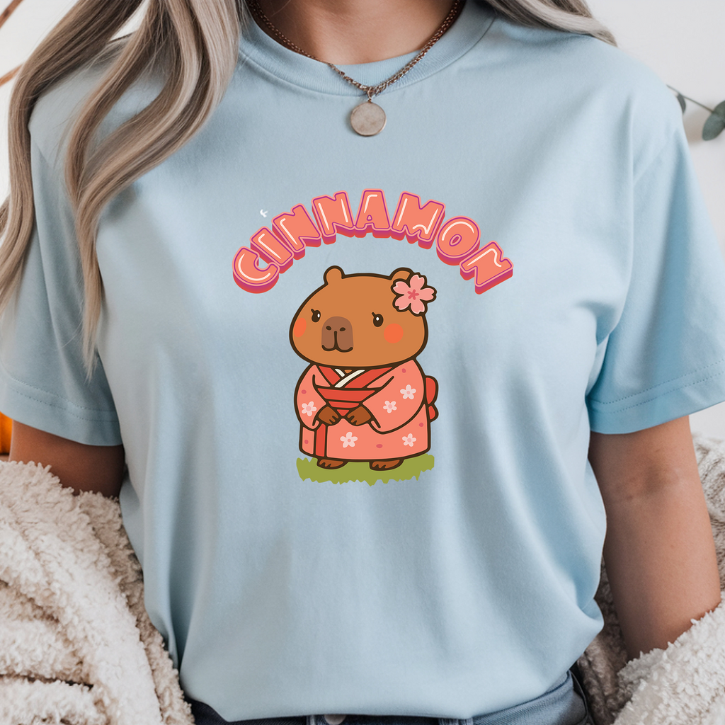 Cinnamon the Cherry Blossom Lover Capybara Cartoon T-Shirt, Cute Kawaii Animal Gift