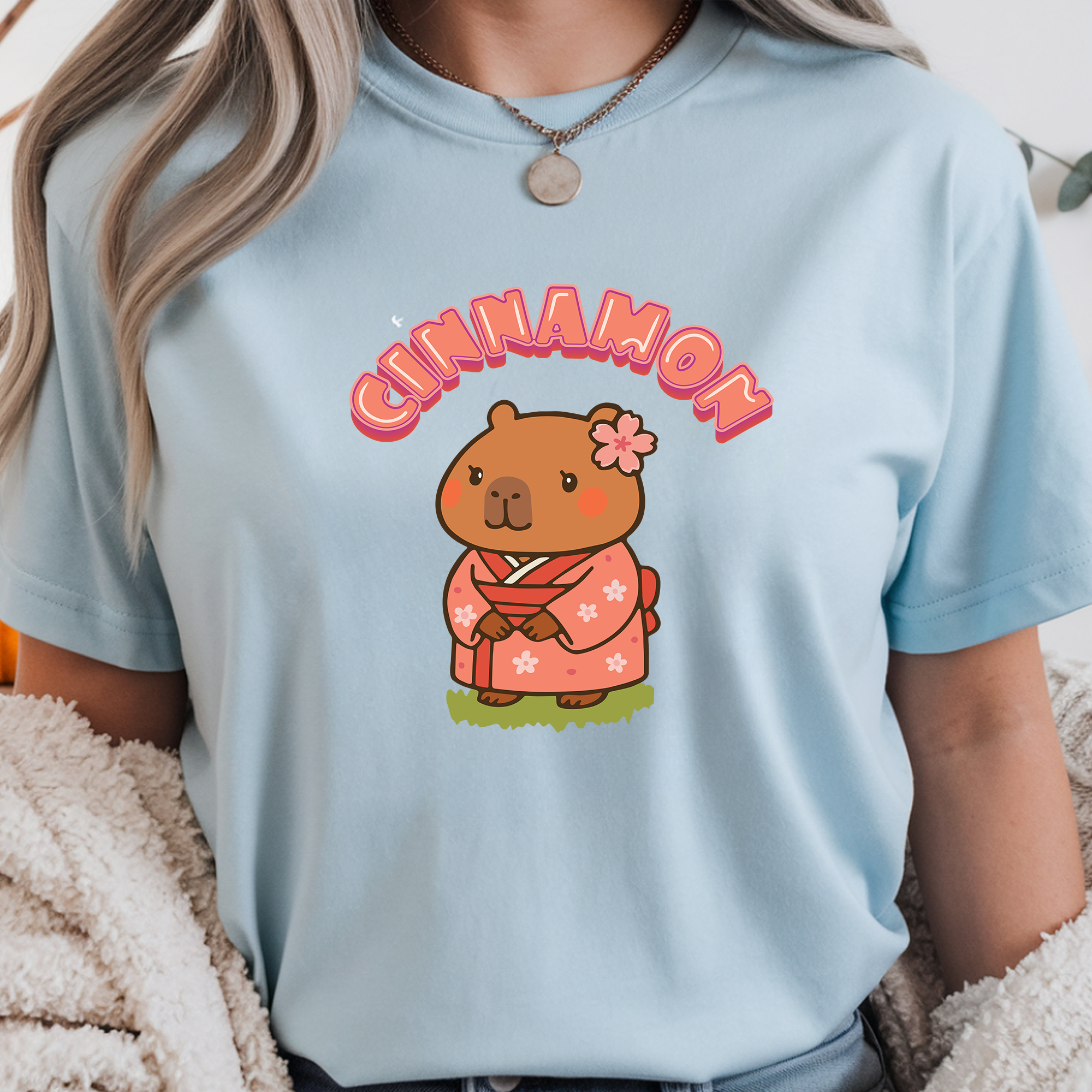Cinnamon the Cherry Blossom Lover Capybara Cartoon T-Shirt, Cute Kawaii Animal Gift