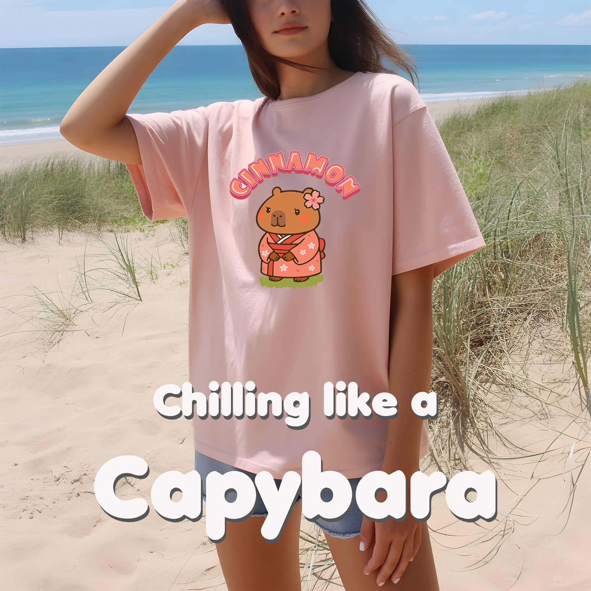 Cinnamon the Cherry Blossom Lover Capybara Cartoon T-Shirt, Cute Kawaii Animal Gift