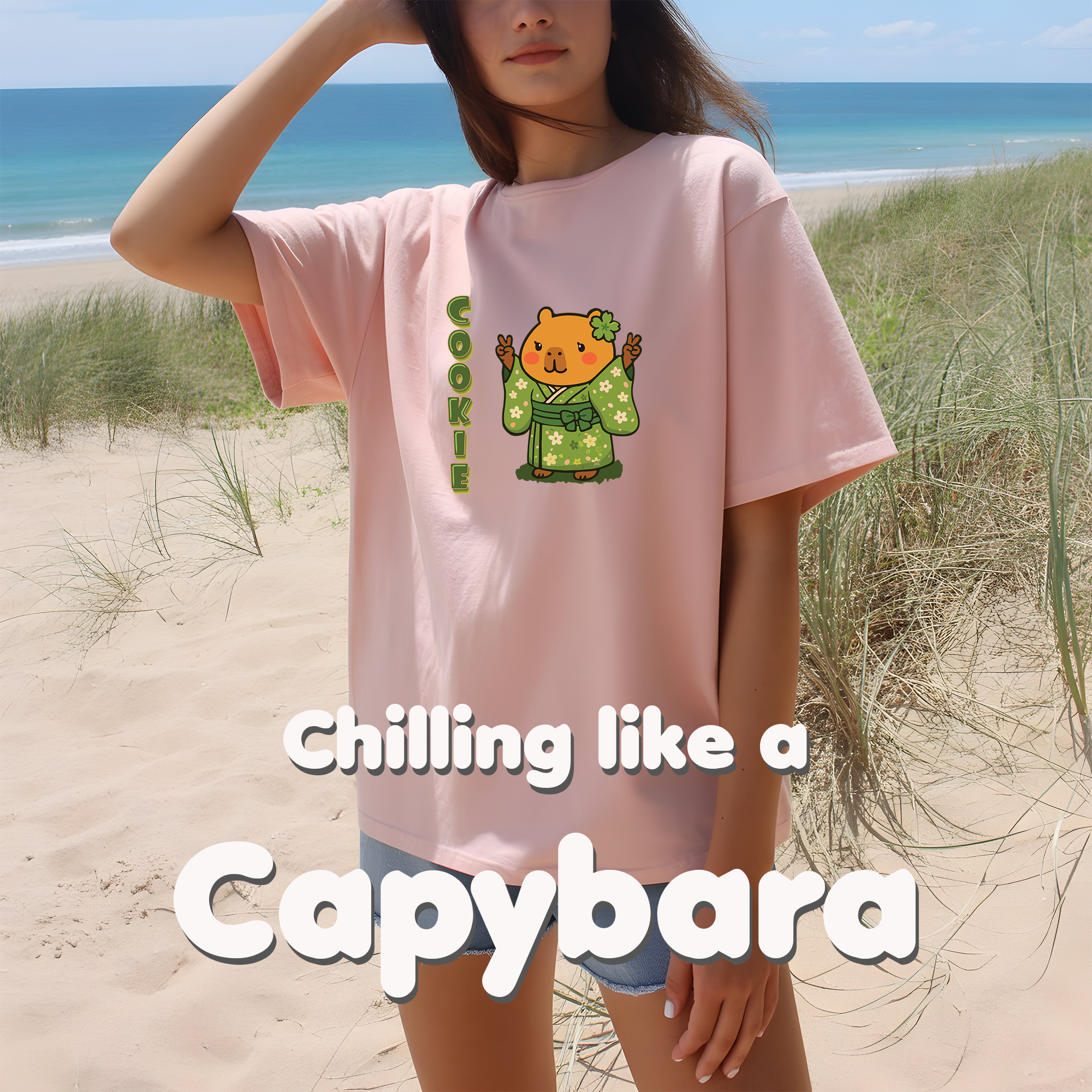 Cookie the Fun Lover Capybara Cartoon T-Shirt, Cute Kawaii Animal Gift