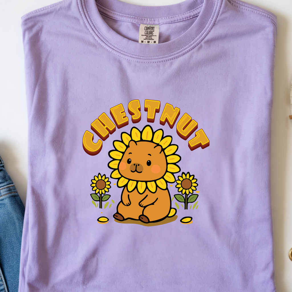 Chestnut the Sunflower Lover Capybara Cartoon T-Shirt, Cute Kawaii Animal Gift
