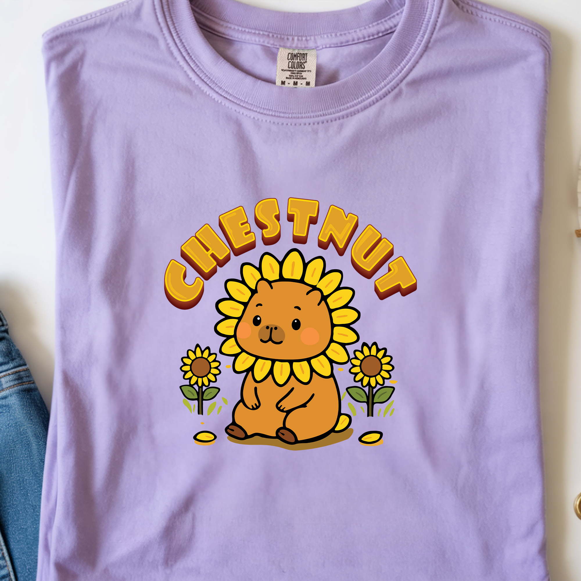 Chestnut the Sunflower Lover Capybara Cartoon T-Shirt, Cute Kawaii Animal Gift