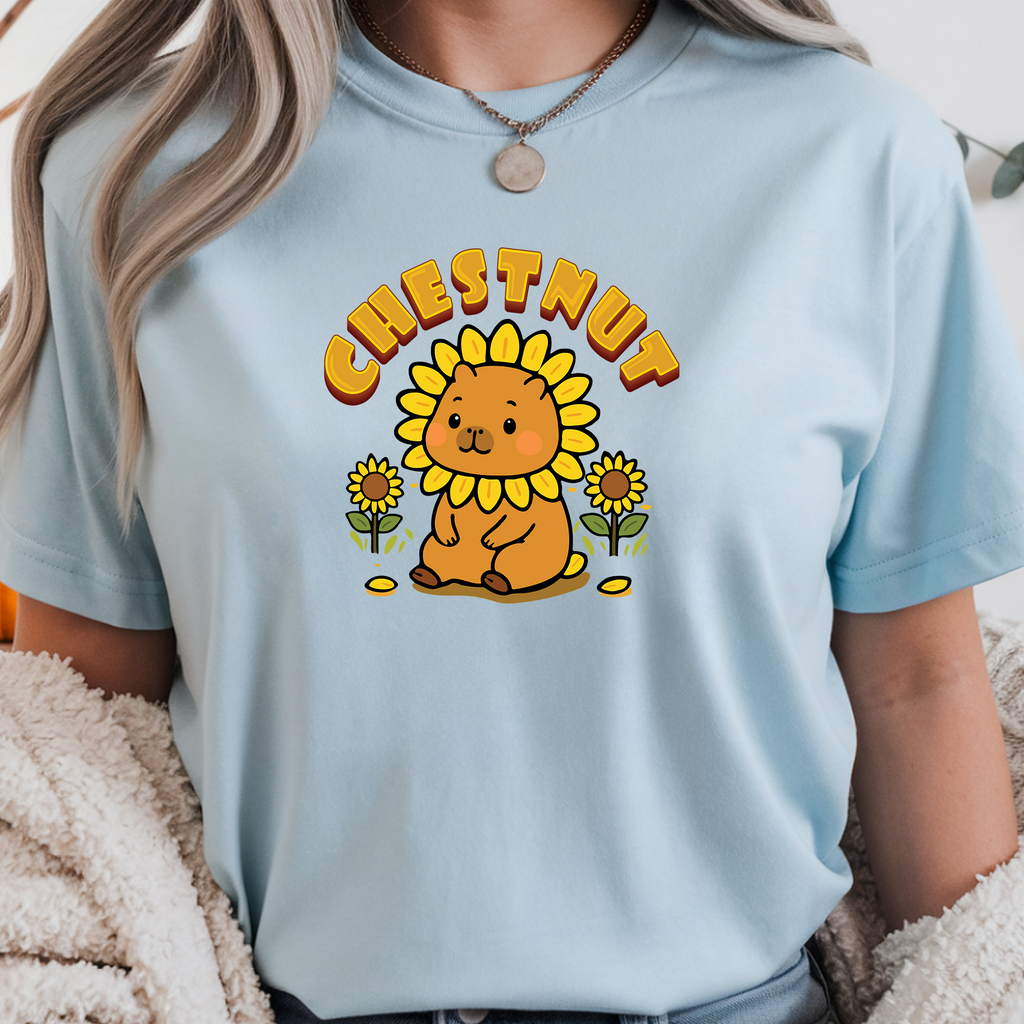 Chestnut the Sunflower Lover Capybara Cartoon T-Shirt, Cute Kawaii Animal Gift