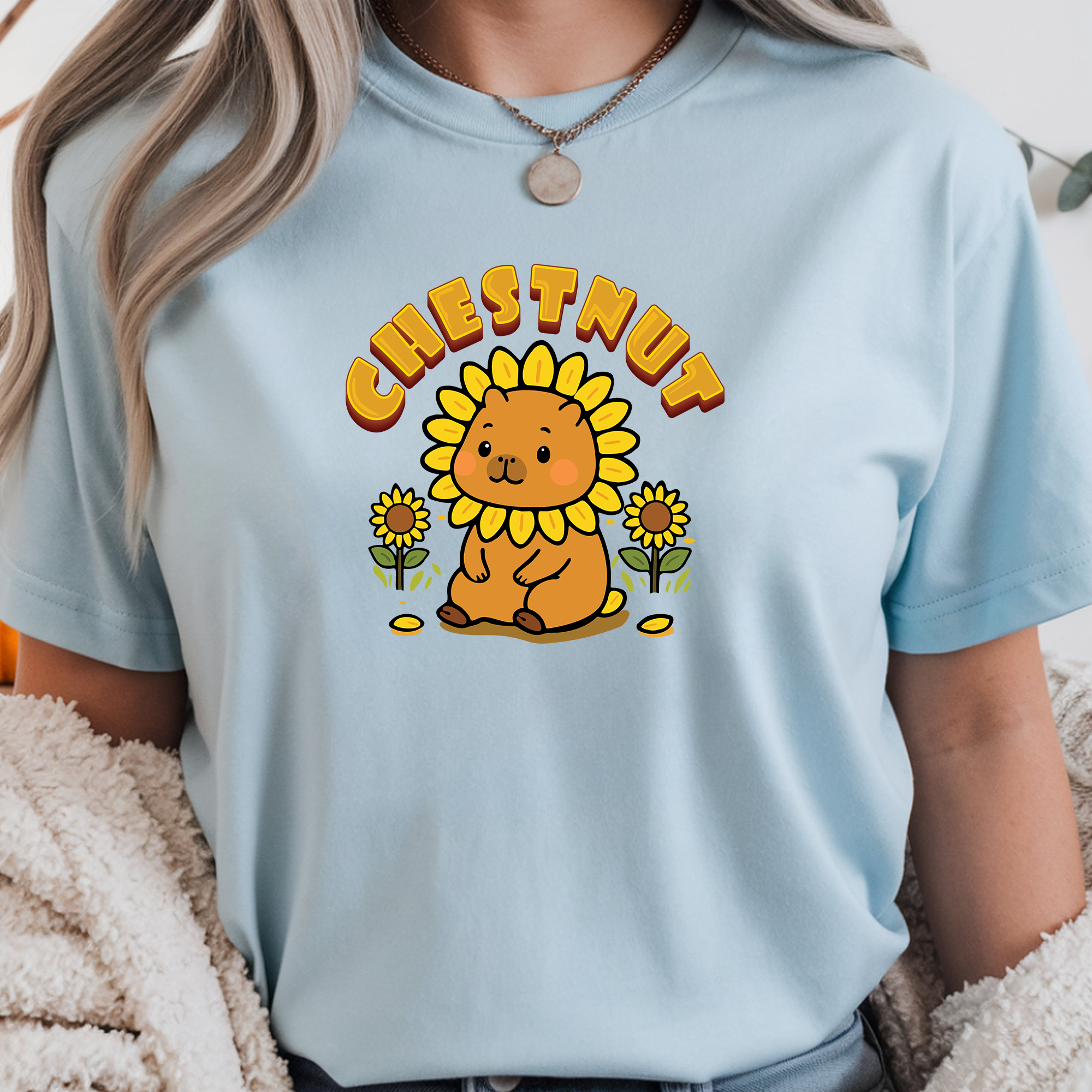 Chestnut the Sunflower Lover Capybara Cartoon T-Shirt, Cute Kawaii Animal Gift