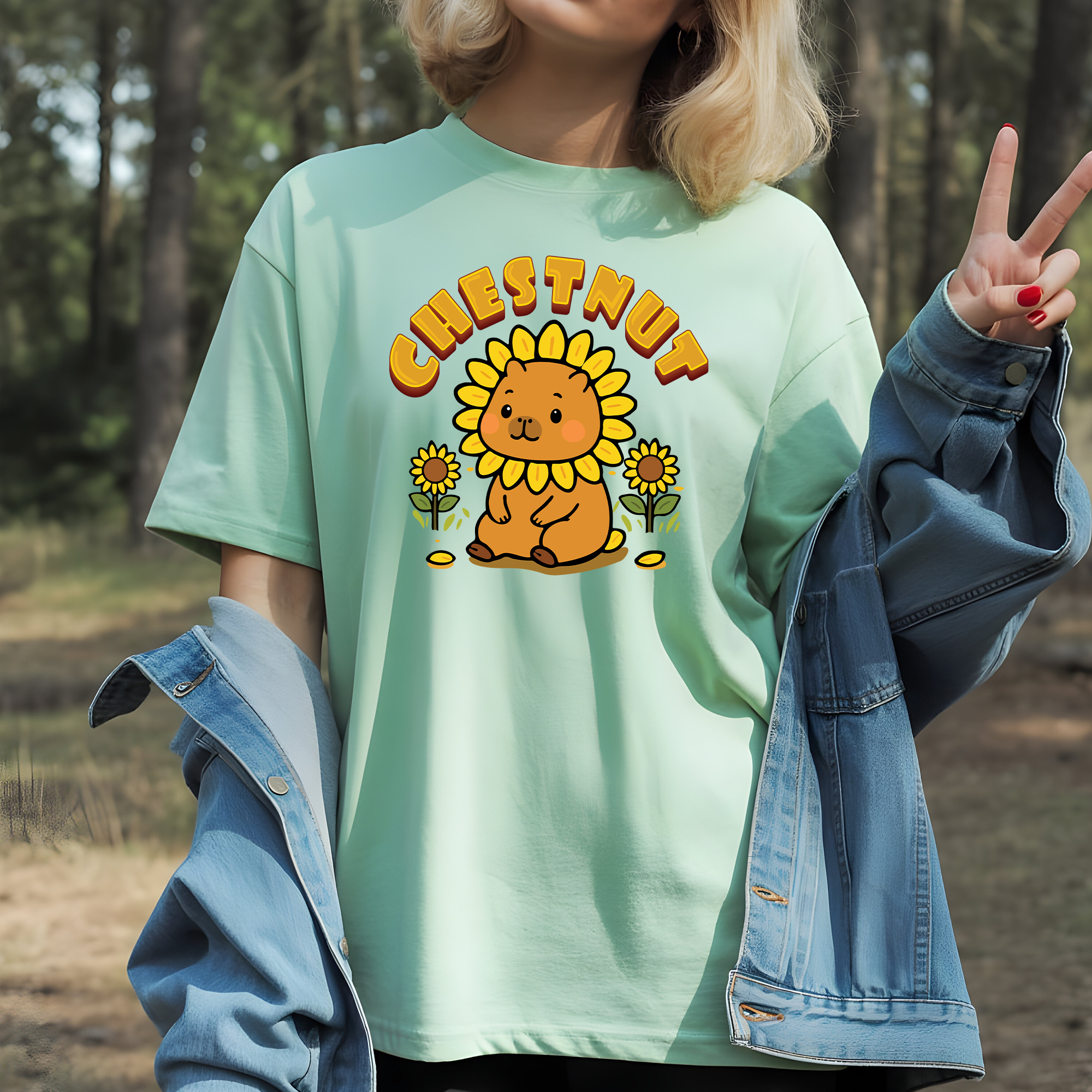 Chestnut the Sunflower Lover Capybara Cartoon T-Shirt, Cute Kawaii Animal Gift