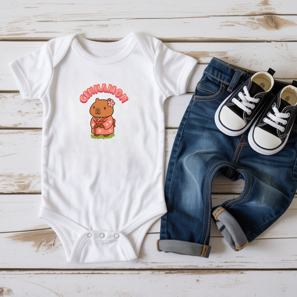 Cinnamon the Cherry Blossom Lover Capybara Cartoon Bodysuit, Cute Kawaii Animal Gift