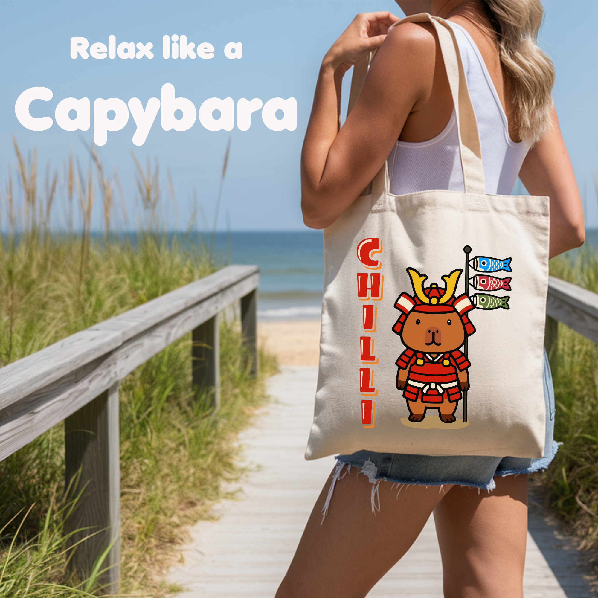 Chilli the Samurai Warrior Capybara Cartoon Tote Bag, Cute Kawaii Animal Gift