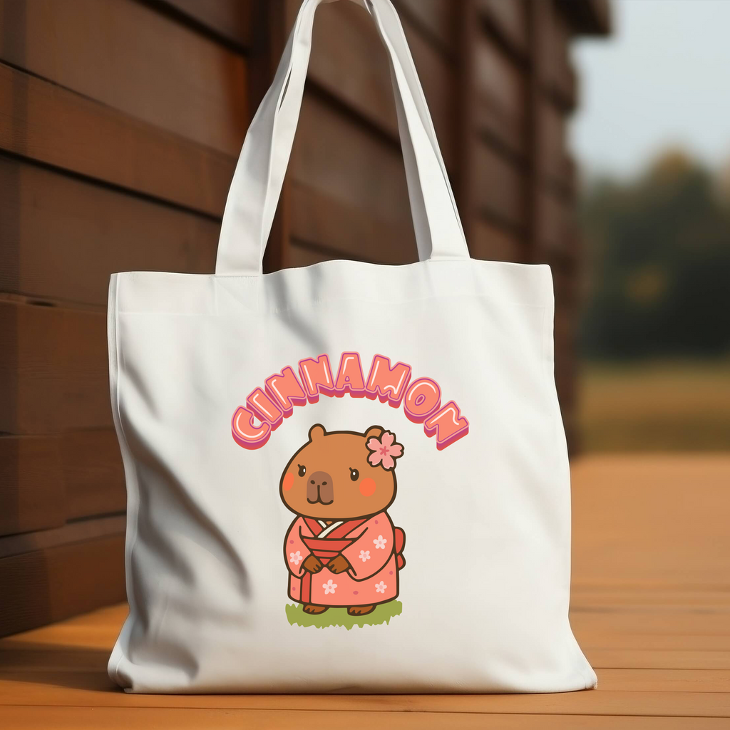 Cinnamon the Cherry Blossom Lover Capybara Cartoon Tote Bag, Cute Kawaii Animal Gift