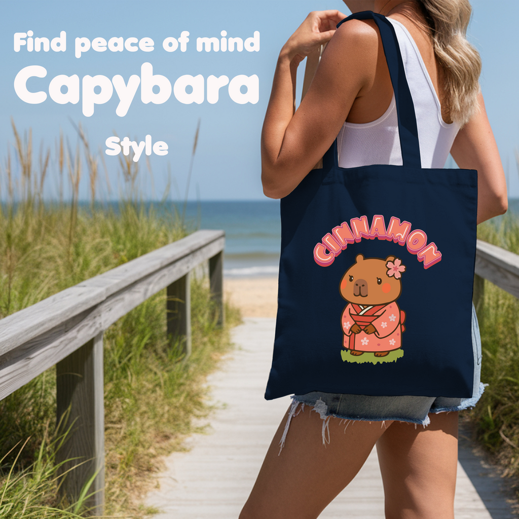Cinnamon the Cherry Blossom Lover Capybara Cartoon Tote Bag, Cute Kawaii Animal Gift