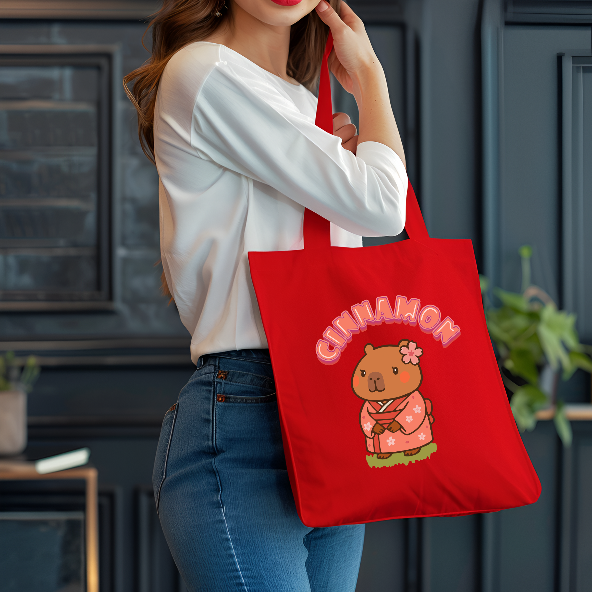 Cinnamon the Cherry Blossom Lover Capybara Cartoon Tote Bag, Cute Kawaii Animal Gift